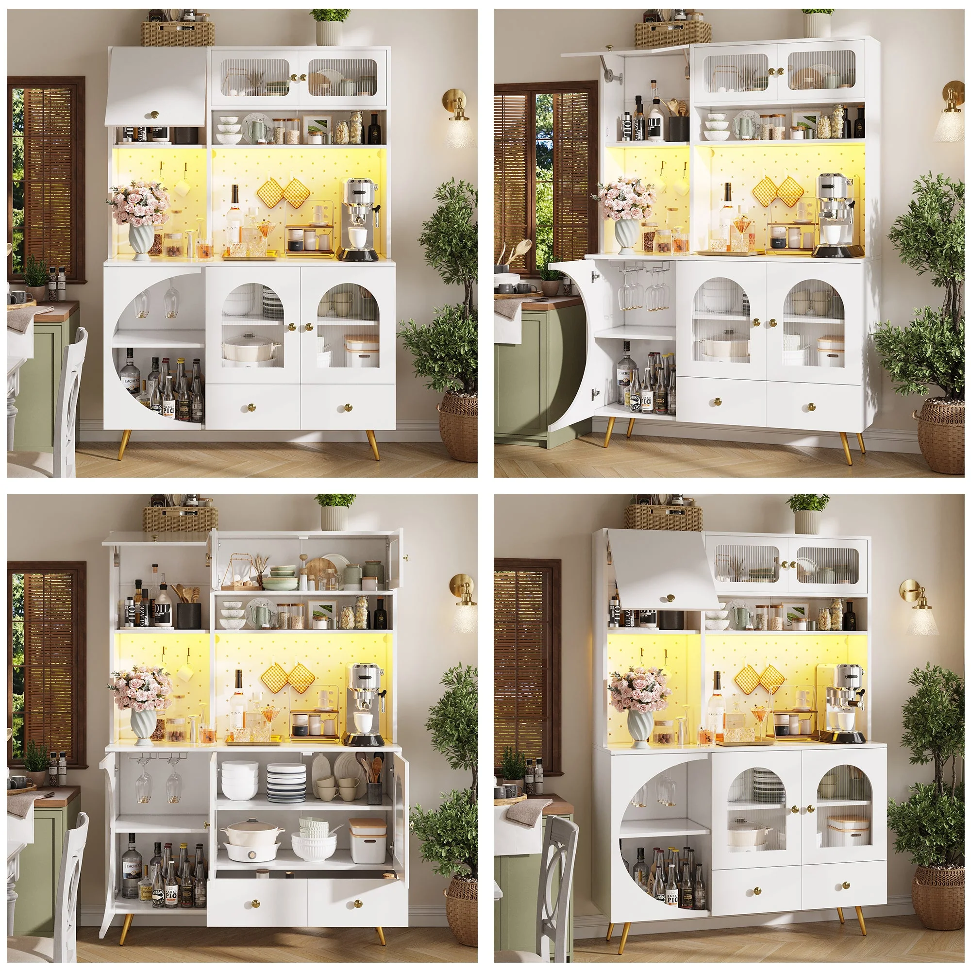 Modern Sideboard and Tall Kitchen Cabinet with LED Lighting, USB Ports and Pegboard, White