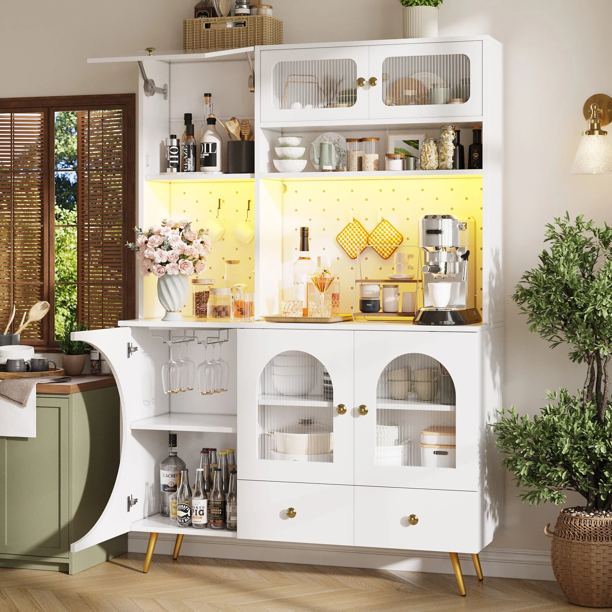Modern Sideboard and Tall Kitchen Cabinet with LED Lighting, USB Ports and Pegboard, White - Image 3