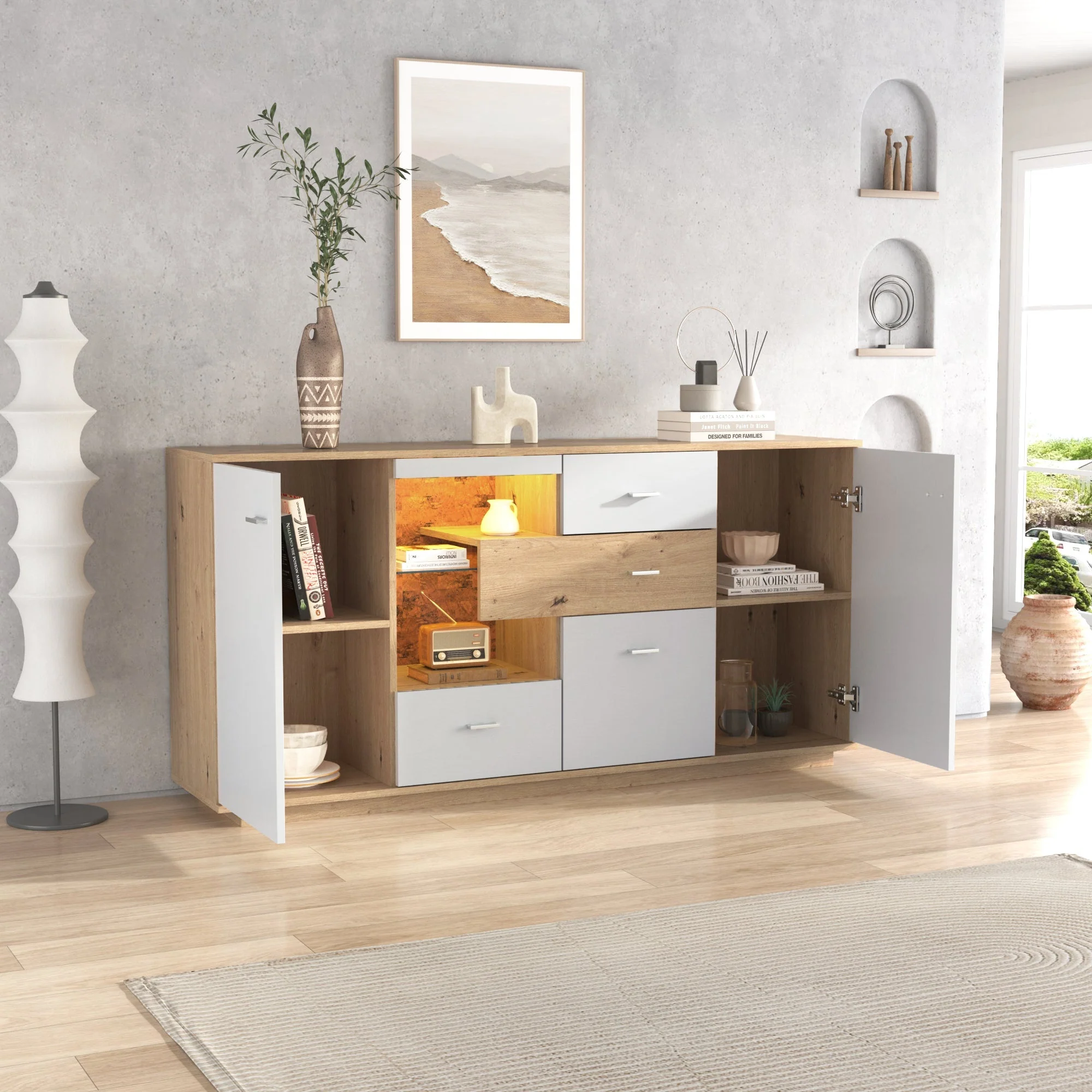 Modern Sideboard Cabinet with LED Lighting and 4 Drawers, White Wood Look - Image 4