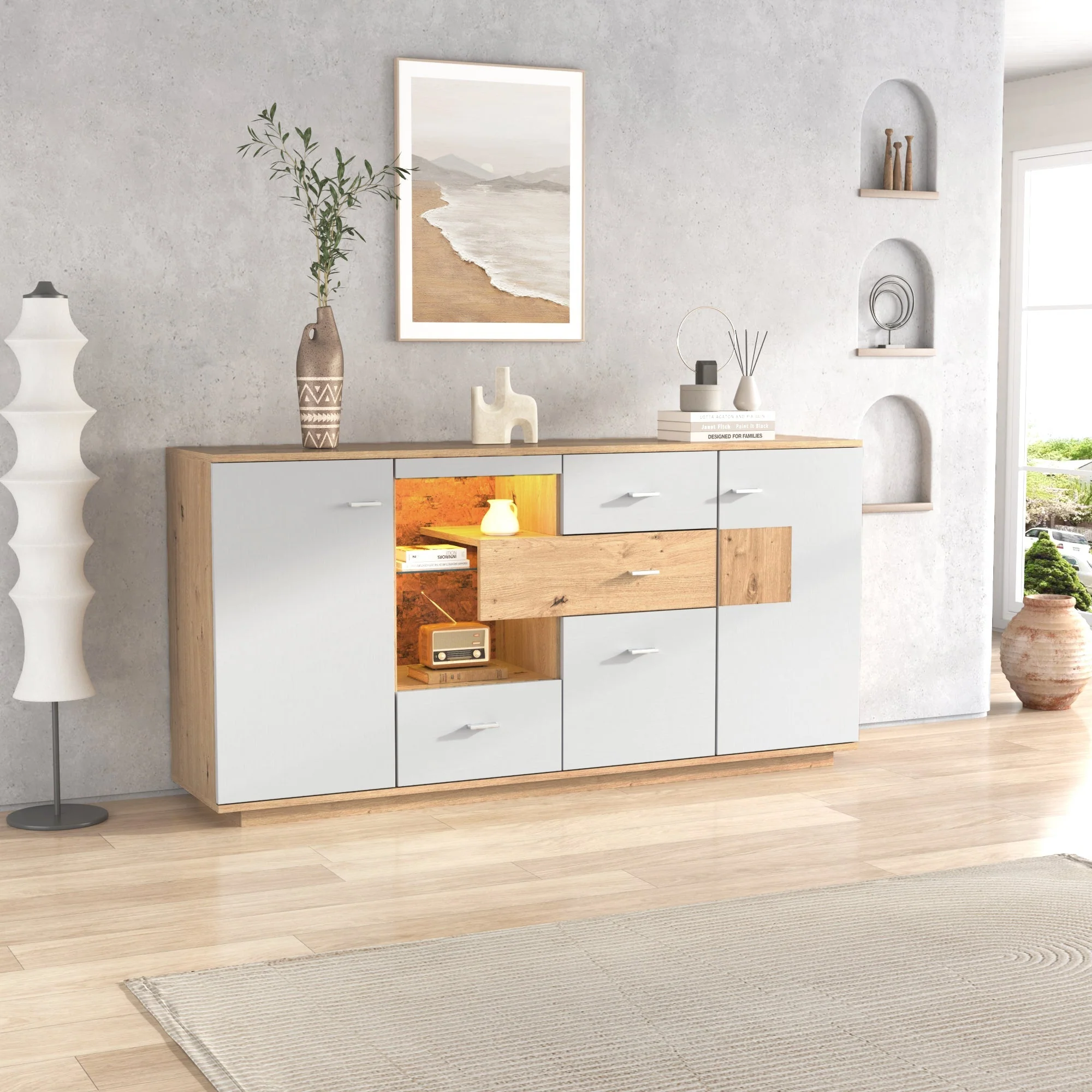 Modern Sideboard Cabinet with LED Lighting and 4 Drawers, White Wood Look - Image 6
