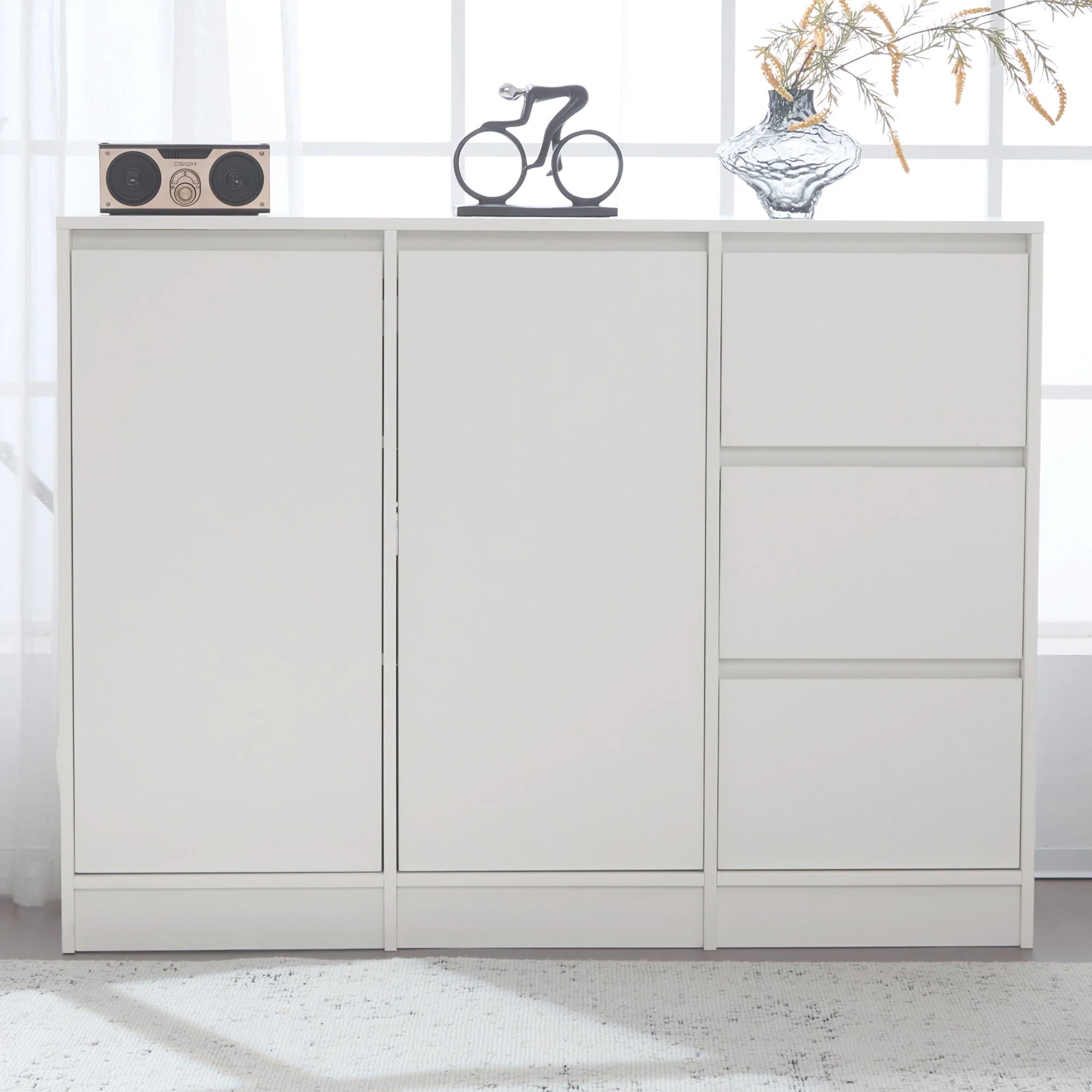 Modern Sideboard Chest of Drawers Shoe Cabinet with Storage, Two Doors, Three Drawers, Adjustable Shelf, White