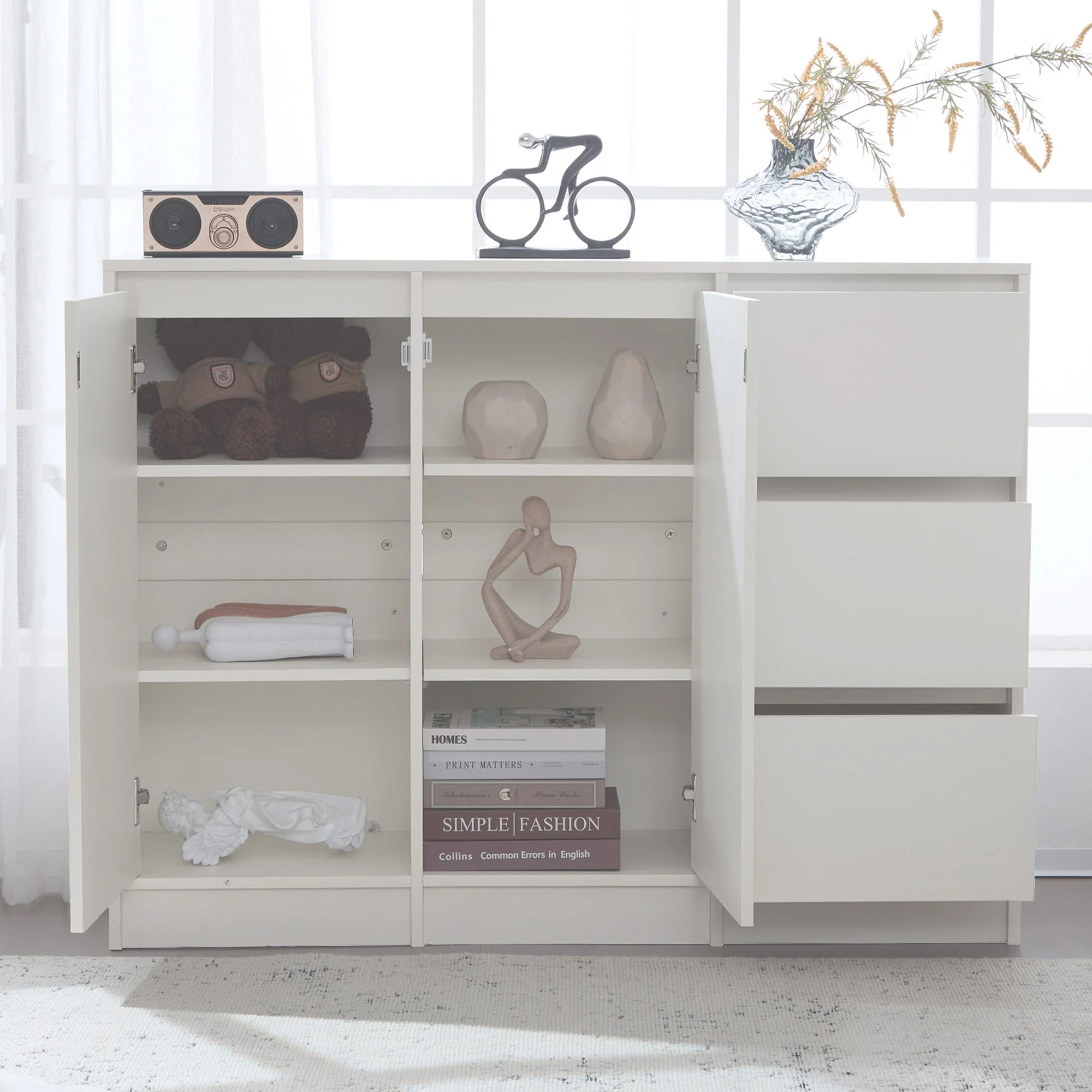 Modern Sideboard Chest of Drawers Shoe Cabinet with Storage, Two Doors, Three Drawers, Adjustable Shelf, White - Image 2