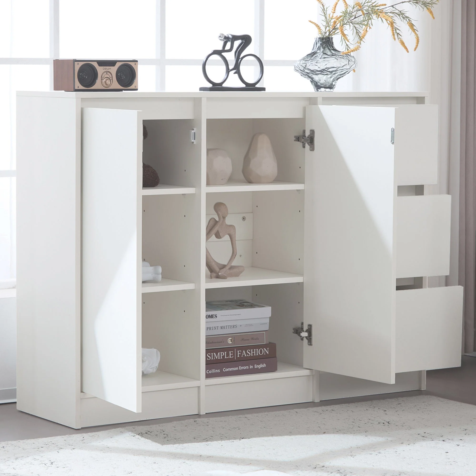 Modern Sideboard Chest of Drawers Shoe Cabinet with Storage, Two Doors, Three Drawers, Adjustable Shelf, White - Image 4