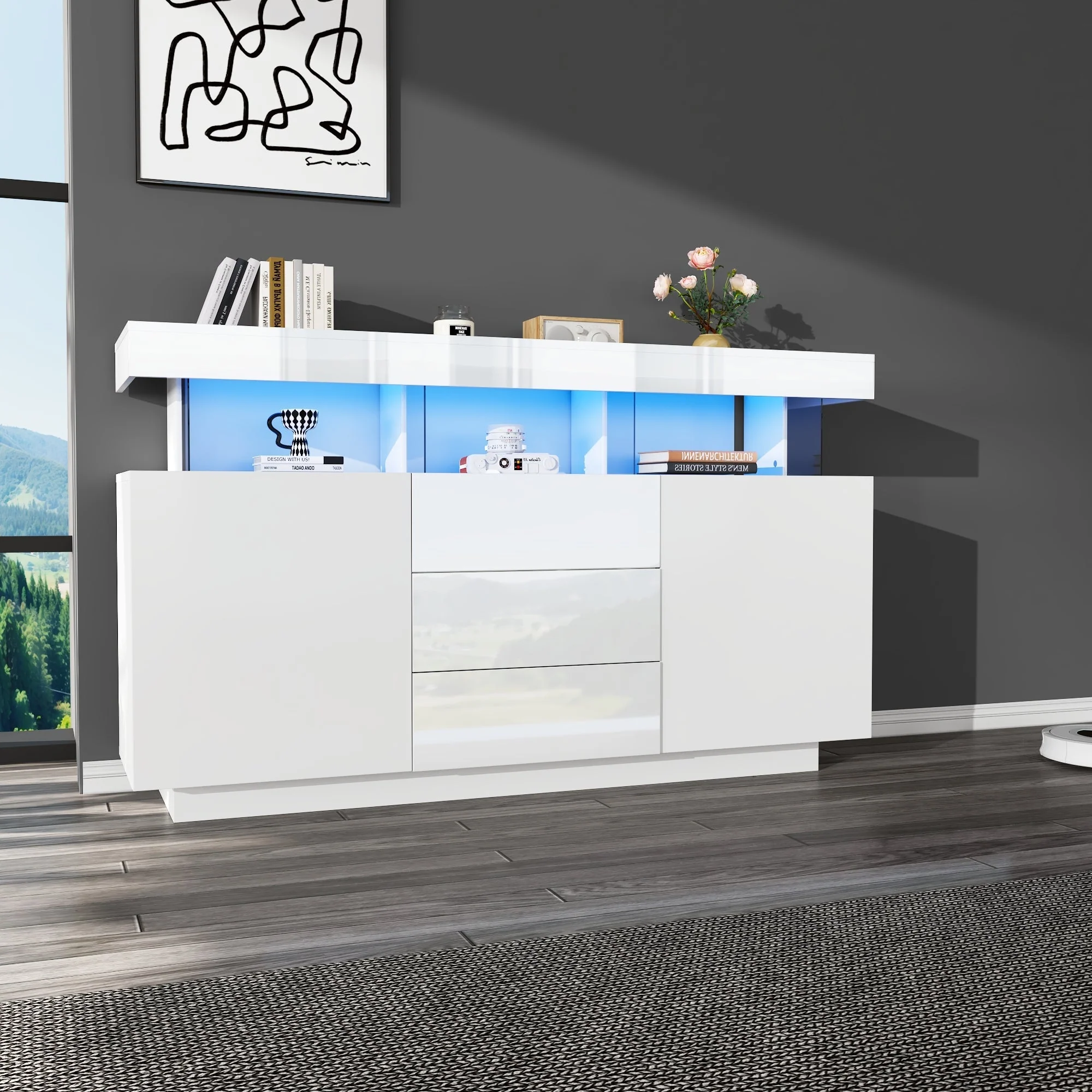 Modern Sideboard High-Gloss Coffee Bar LED Light Strip 140x35x80cm White Acrylic - Image 5