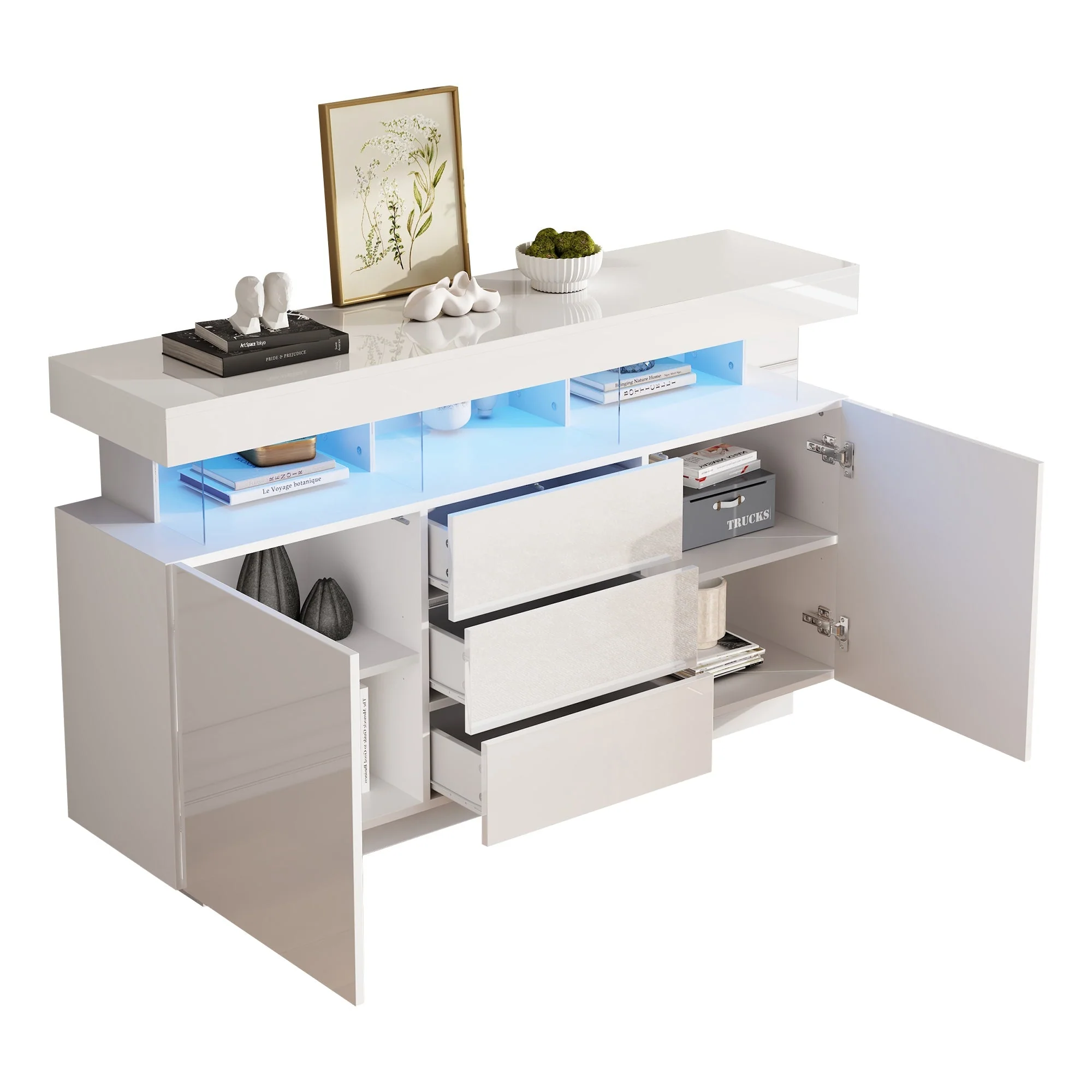 Modern Sideboard High-Gloss Coffee Bar LED Light Strip 140x35x80cm White Acrylic - Image 8