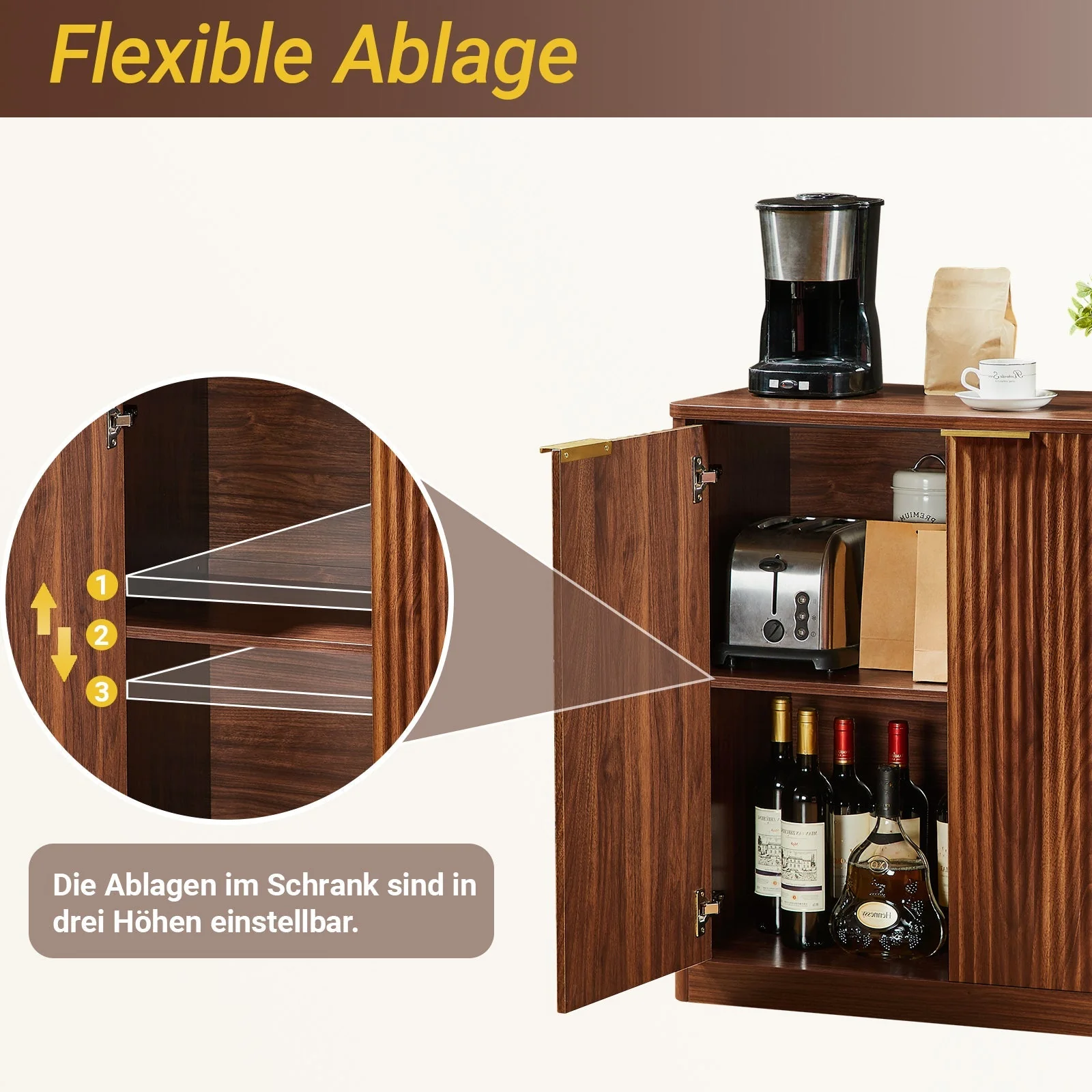 Modern Sideboard Recessed Panels Adjustable Shelves Waterproof Top 120x40x76cm - Brown - Image 4