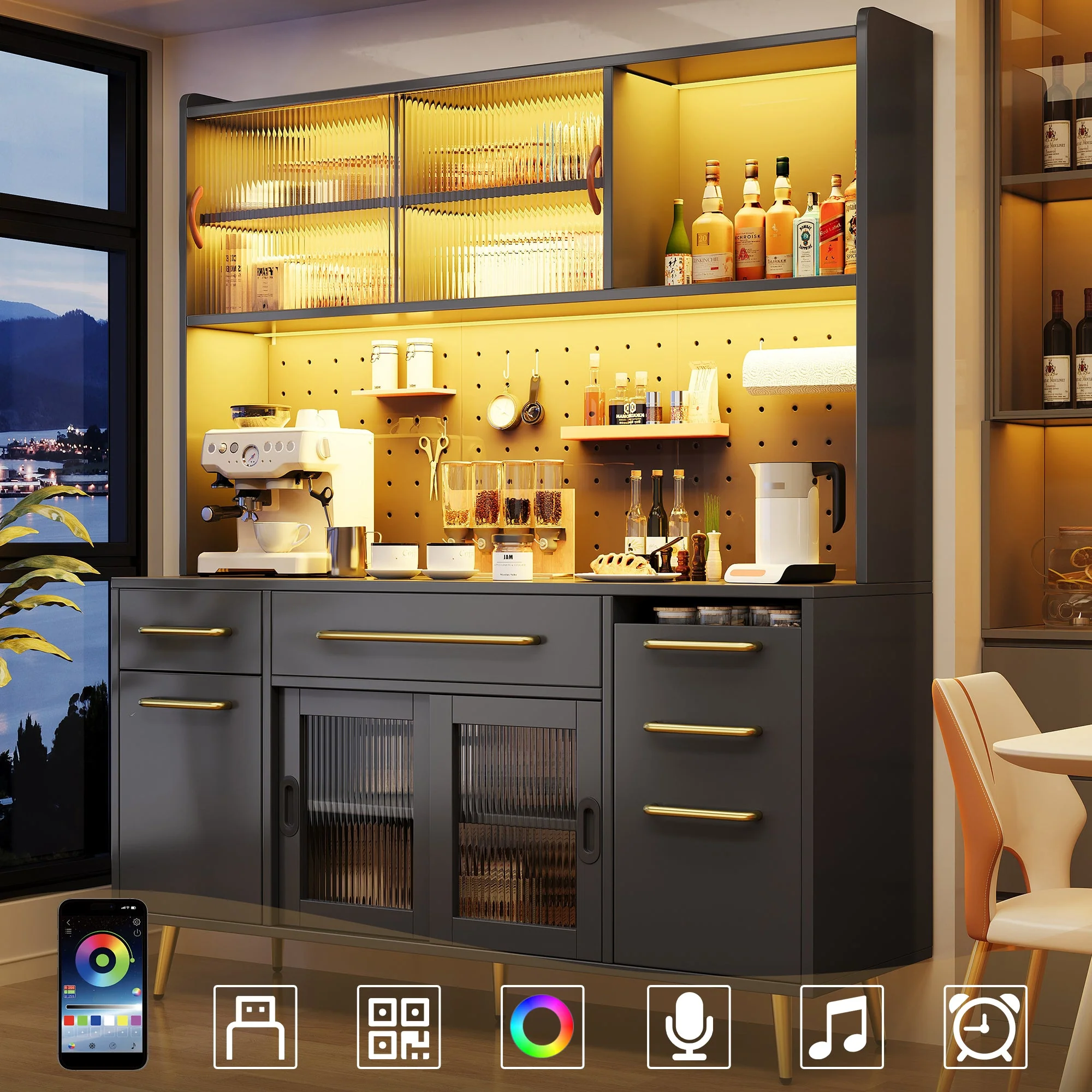 Modern Sideboard Tall Storage Cabinet with LED Lighting and Pegboard, Black - Image 2