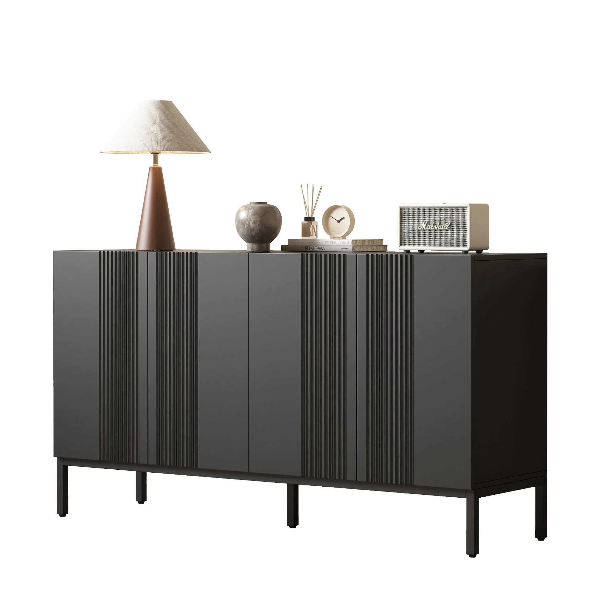 Modern Sideboard Unique Lines 4 Doors Handleless - Black - Image 4
