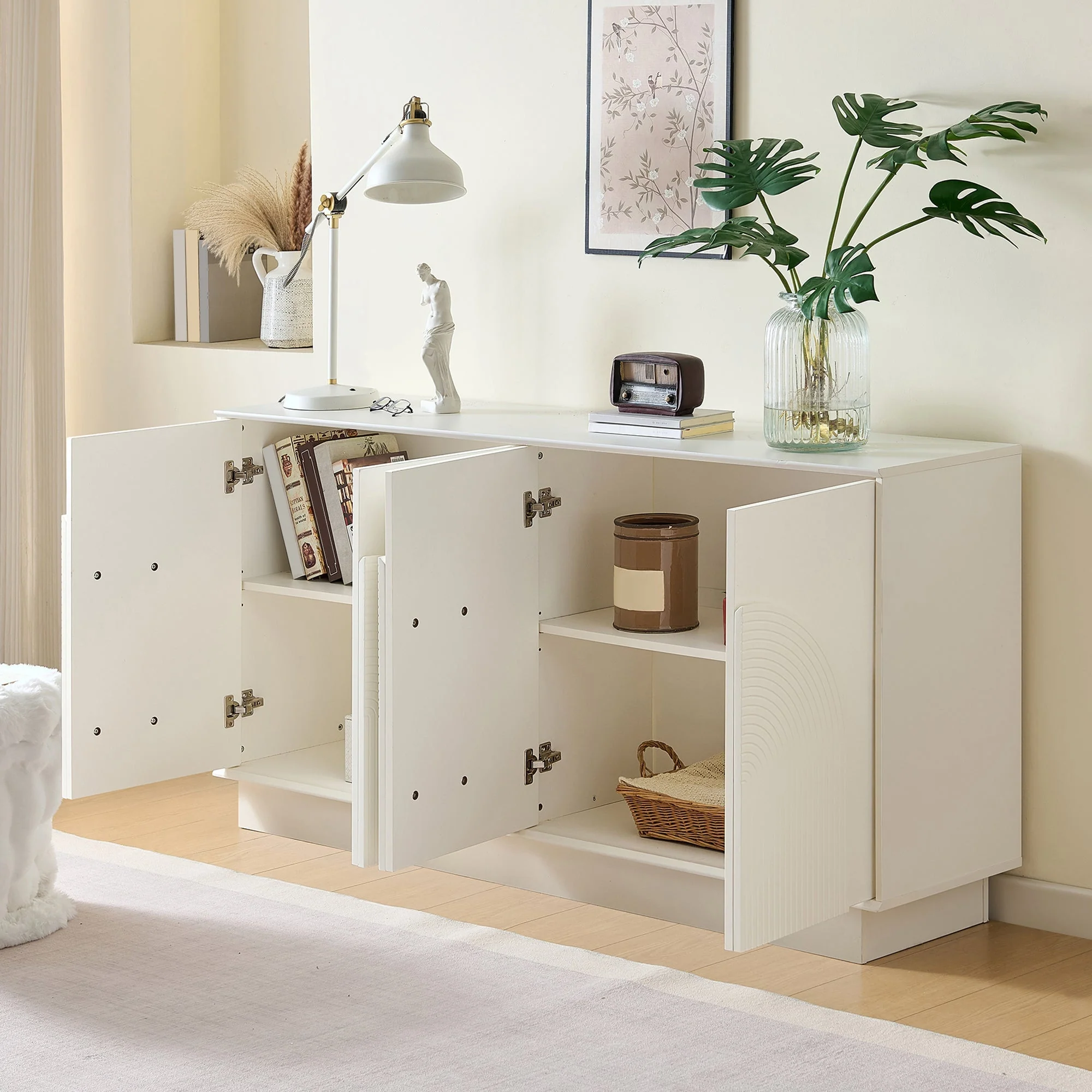 Modern Sideboard with Curved Doors, 4-Door Storage Cabinet for Living Room & Dining Room, White MDF with Matte Finish - Image 7
