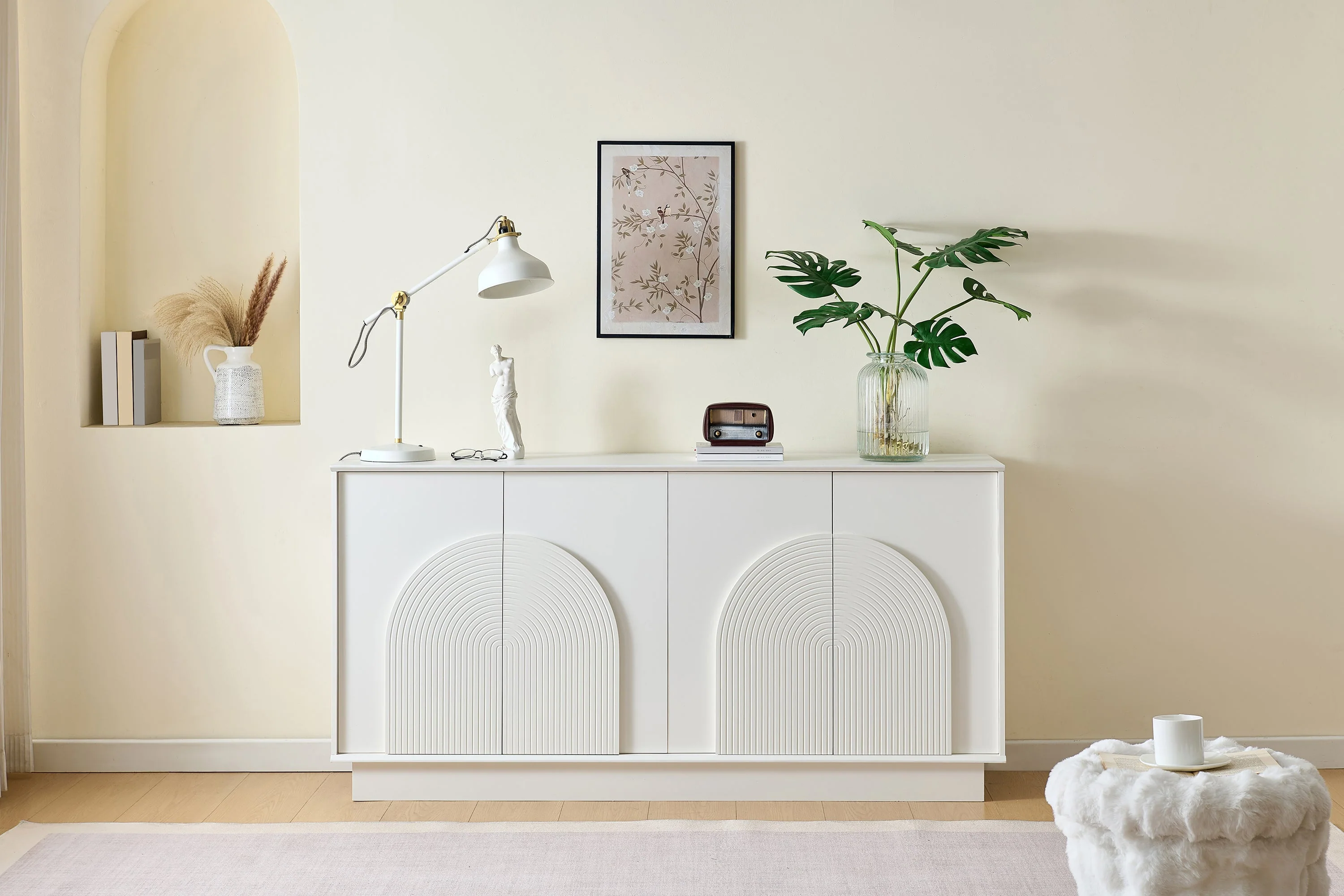 Modern Sideboard with Curved Doors, 4-Door Storage Cabinet for Living Room & Dining Room, White MDF with Matte Finish - Image 9