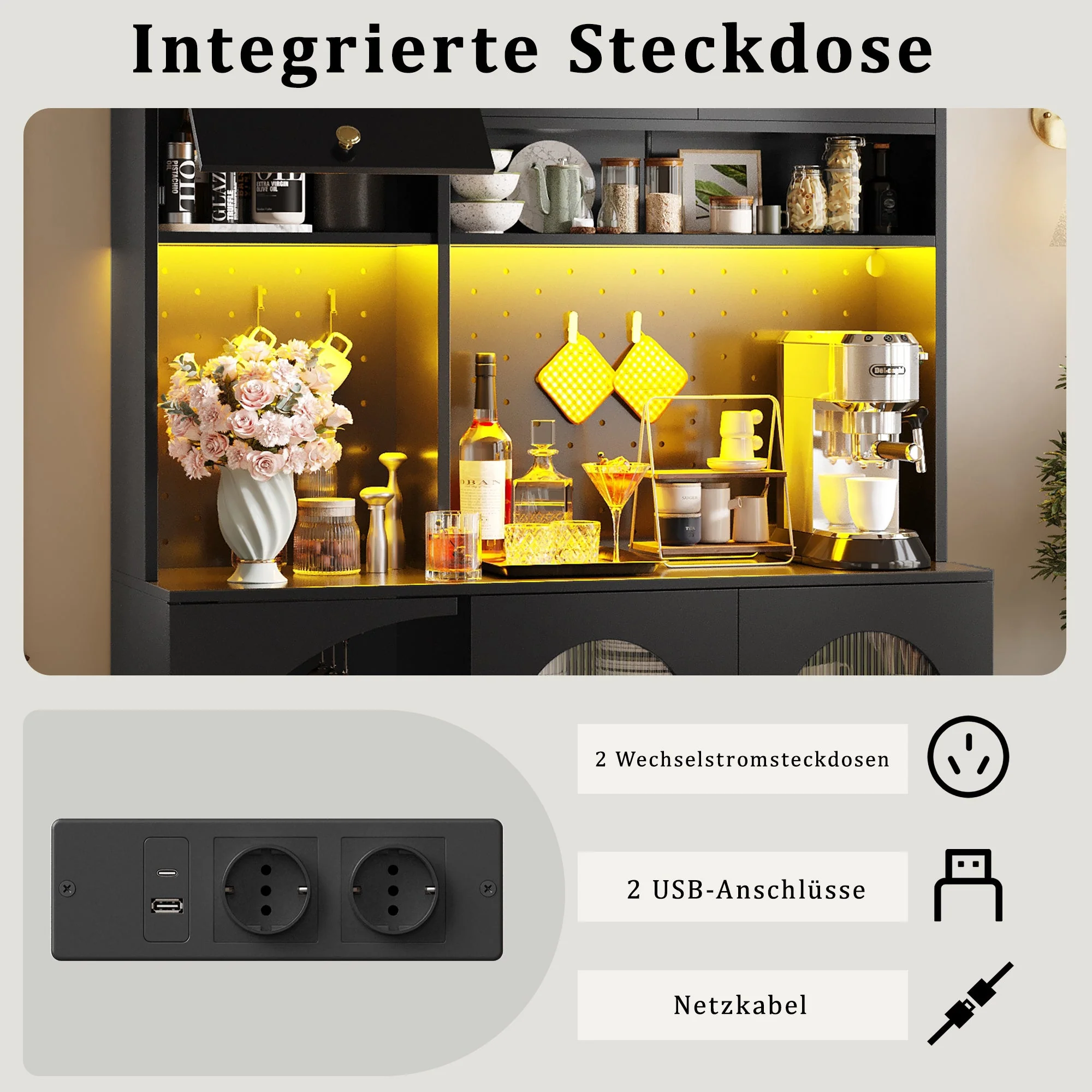 Modern Sideboard with LED Lighting, USB Ports and Sockets, Black - Image 10