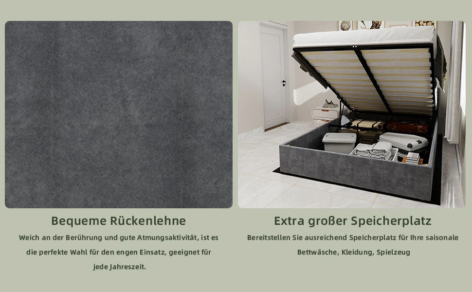 Modern Simple Style Bed Frame 90*200cm Gas Lift Storage Dutch Velvet Grey - Image 3