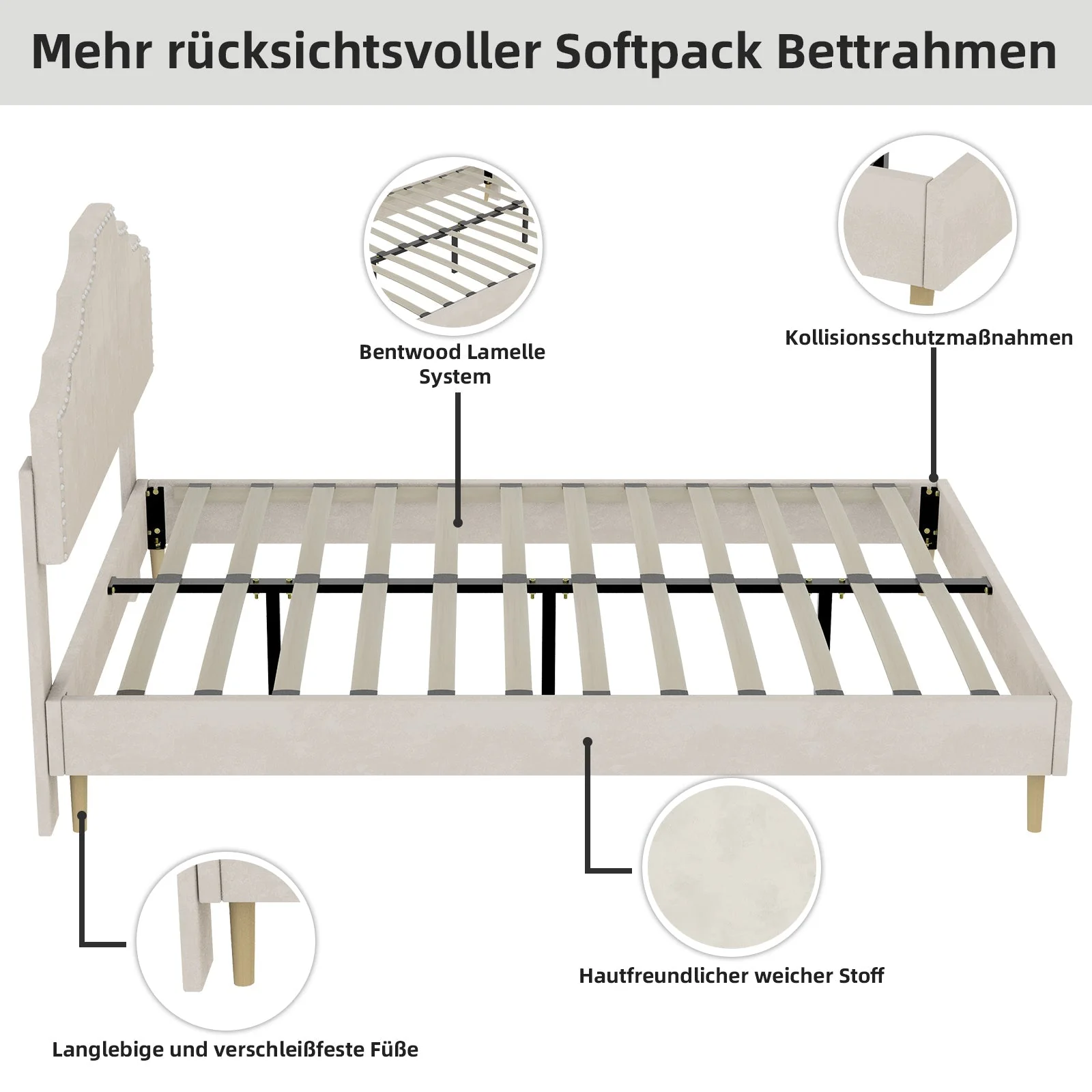 Modern Soft Bed 160x200cm Comfortable Headboard - Beige - Image 9