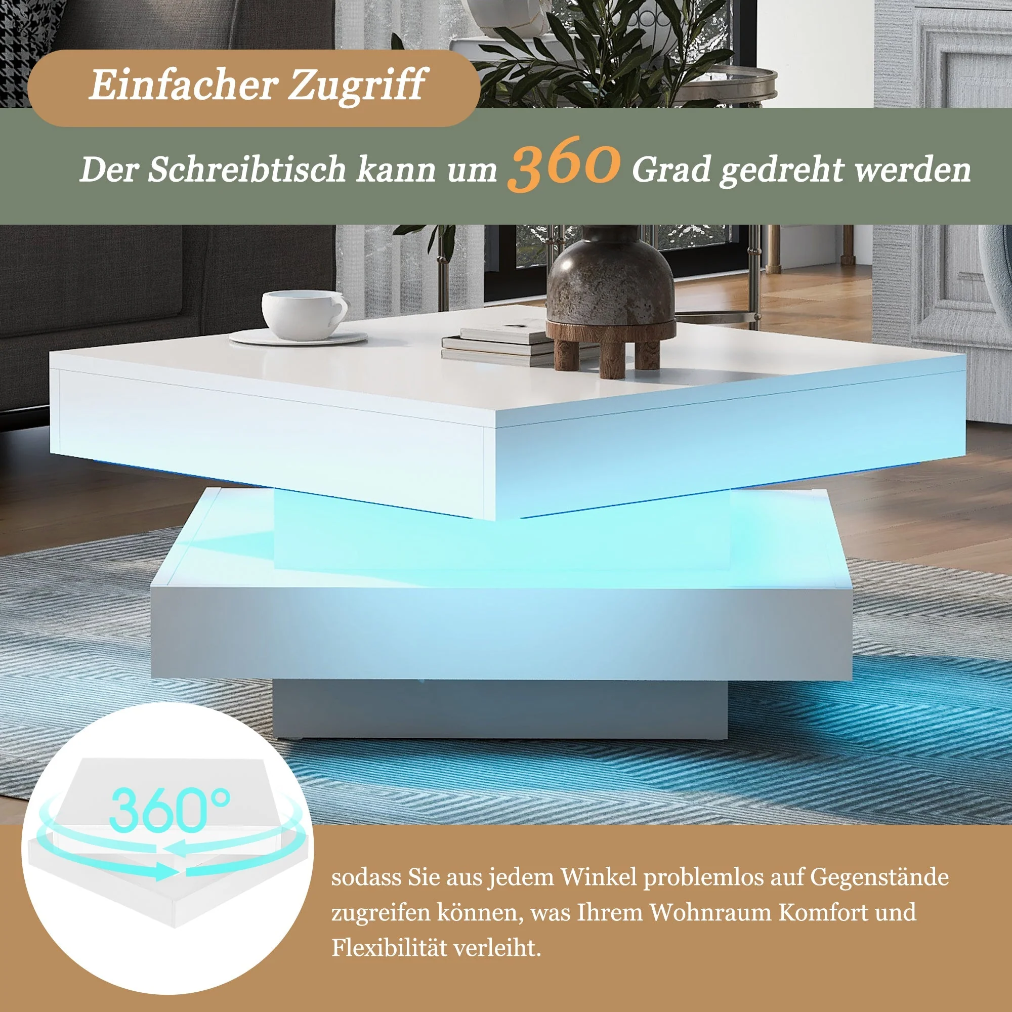 Modern Square Coffee Table with Rotating Top and LED Light, High-Gloss White - Image 4