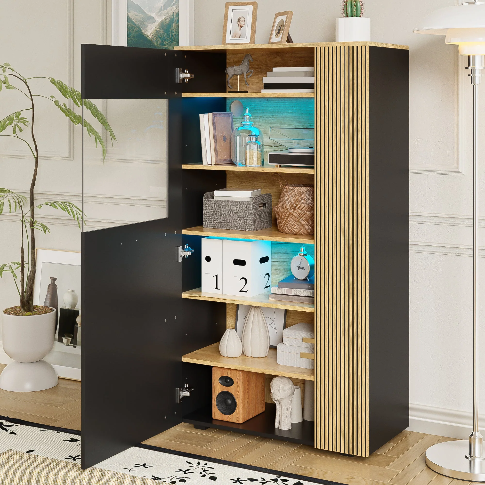 Modern Storage Cabinet, 16-Color LED Lights, Adjustable Shelves, Cable Management, PB with Glass Doors - Image 9