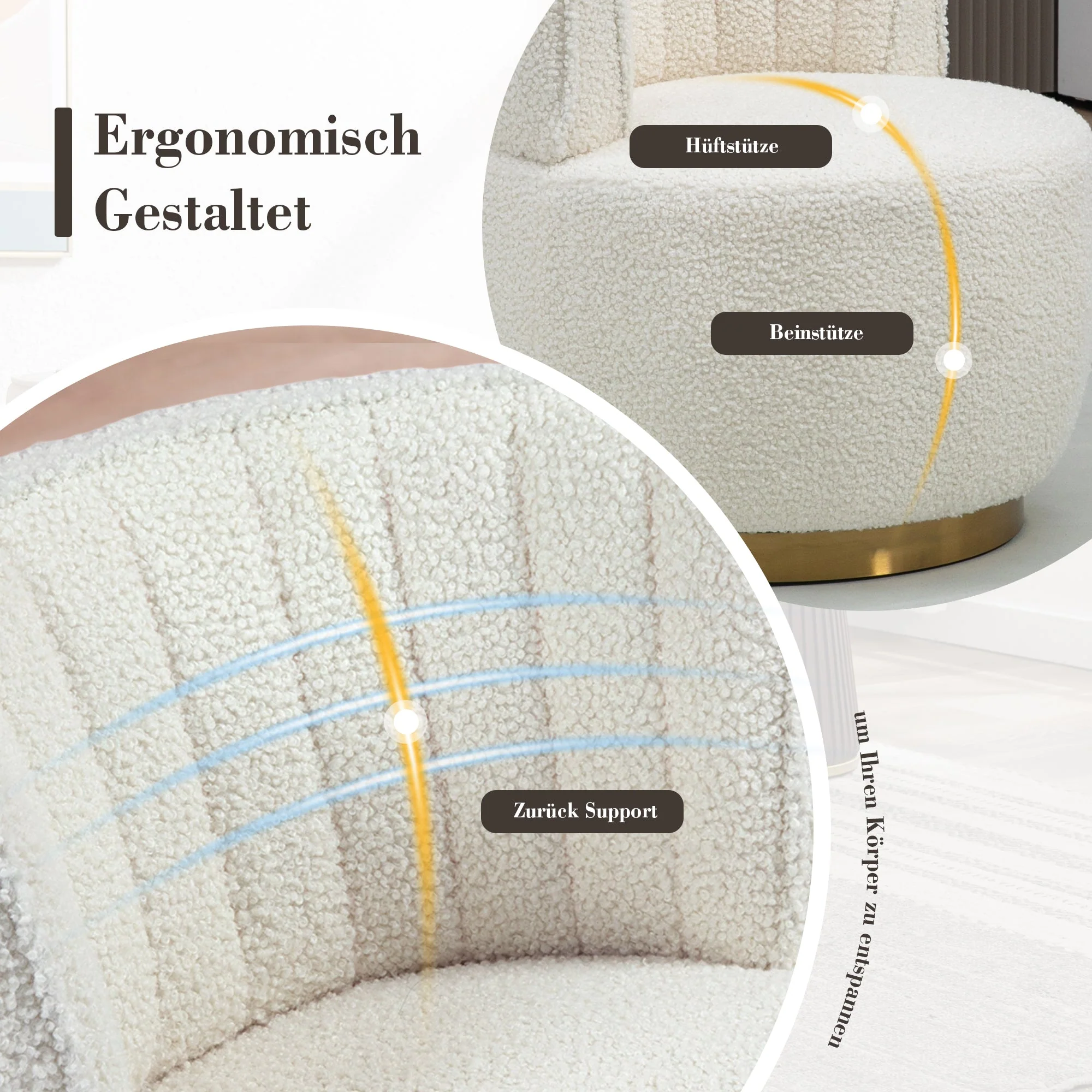 Modern Swivel Chair 360-Degree Comfortable Backrest Teddy Velvet White - Image 6