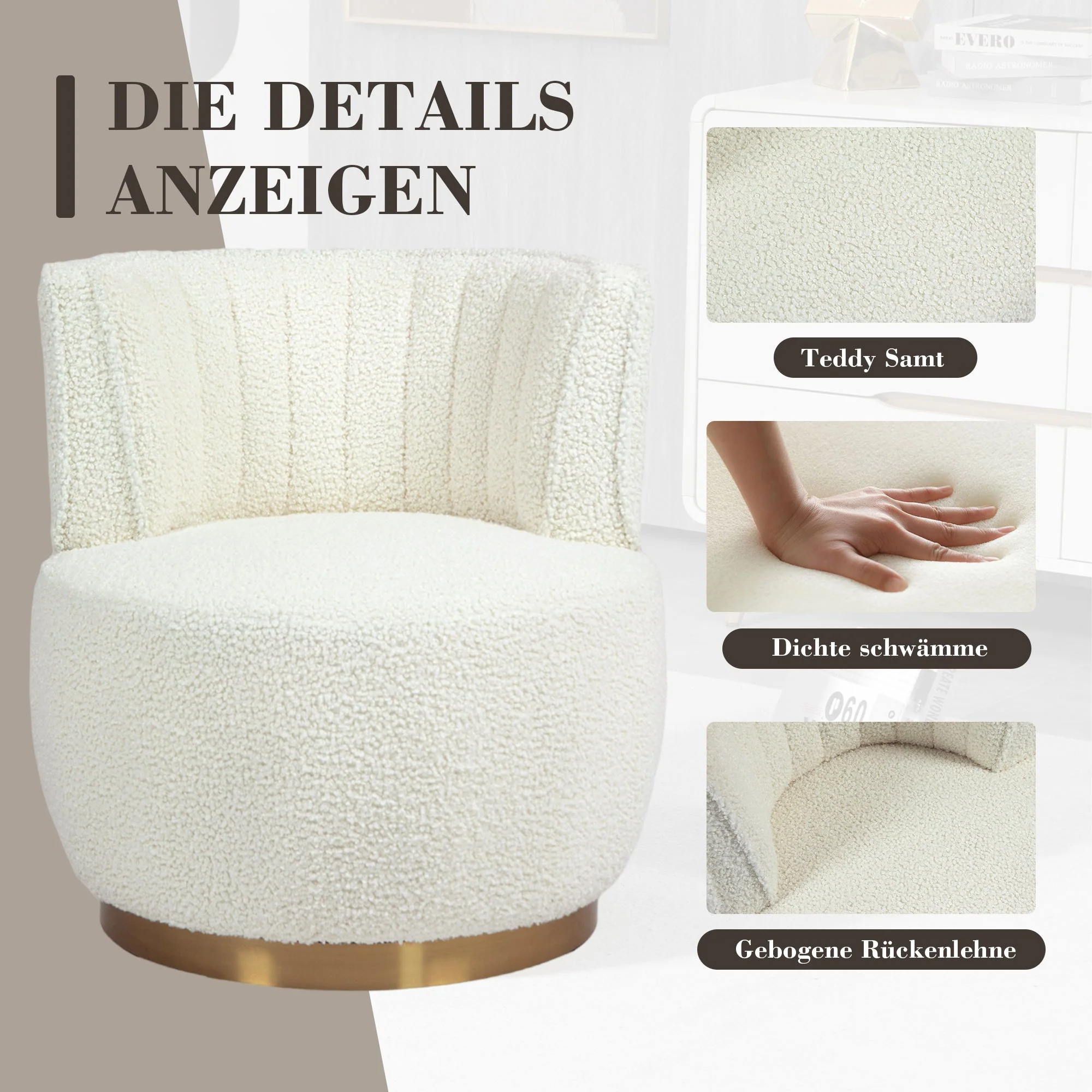 Modern Swivel Chair 360-Degree Comfortable Backrest Teddy Velvet White - Image 8