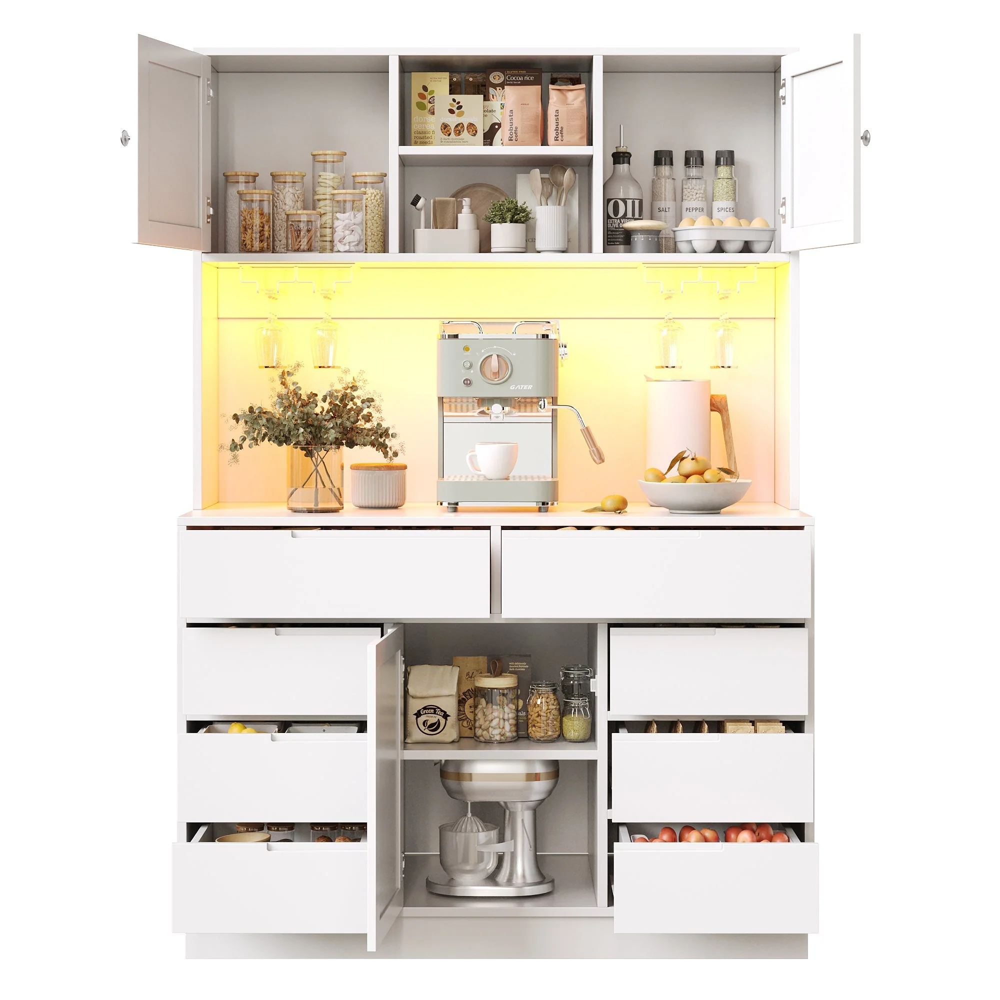 Modern Tall Cabinet Smart LED Lighting 8 Drawers Adjustable Shelves White - Image 10
