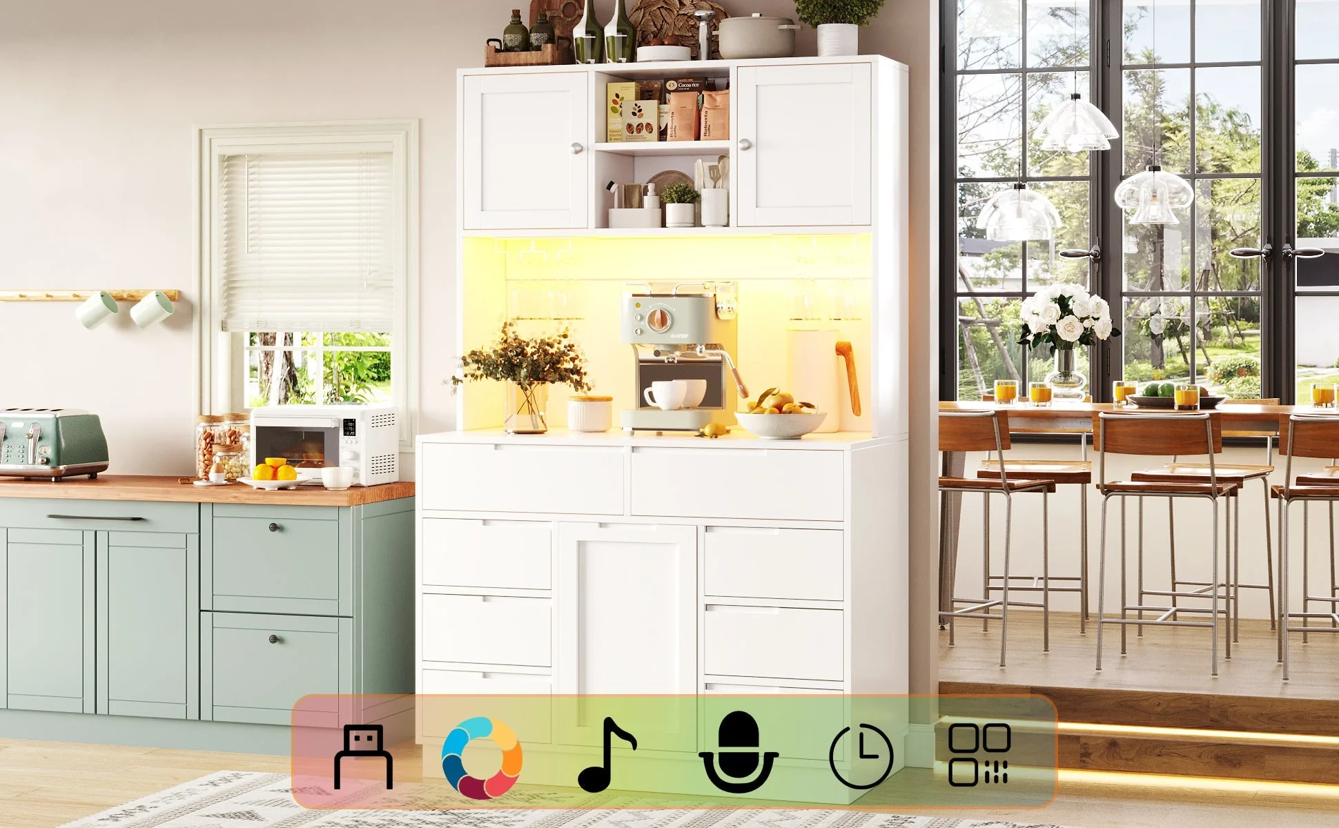 Modern Tall Cabinet Smart LED Lighting 8 Drawers Adjustable Shelves White - Image 9
