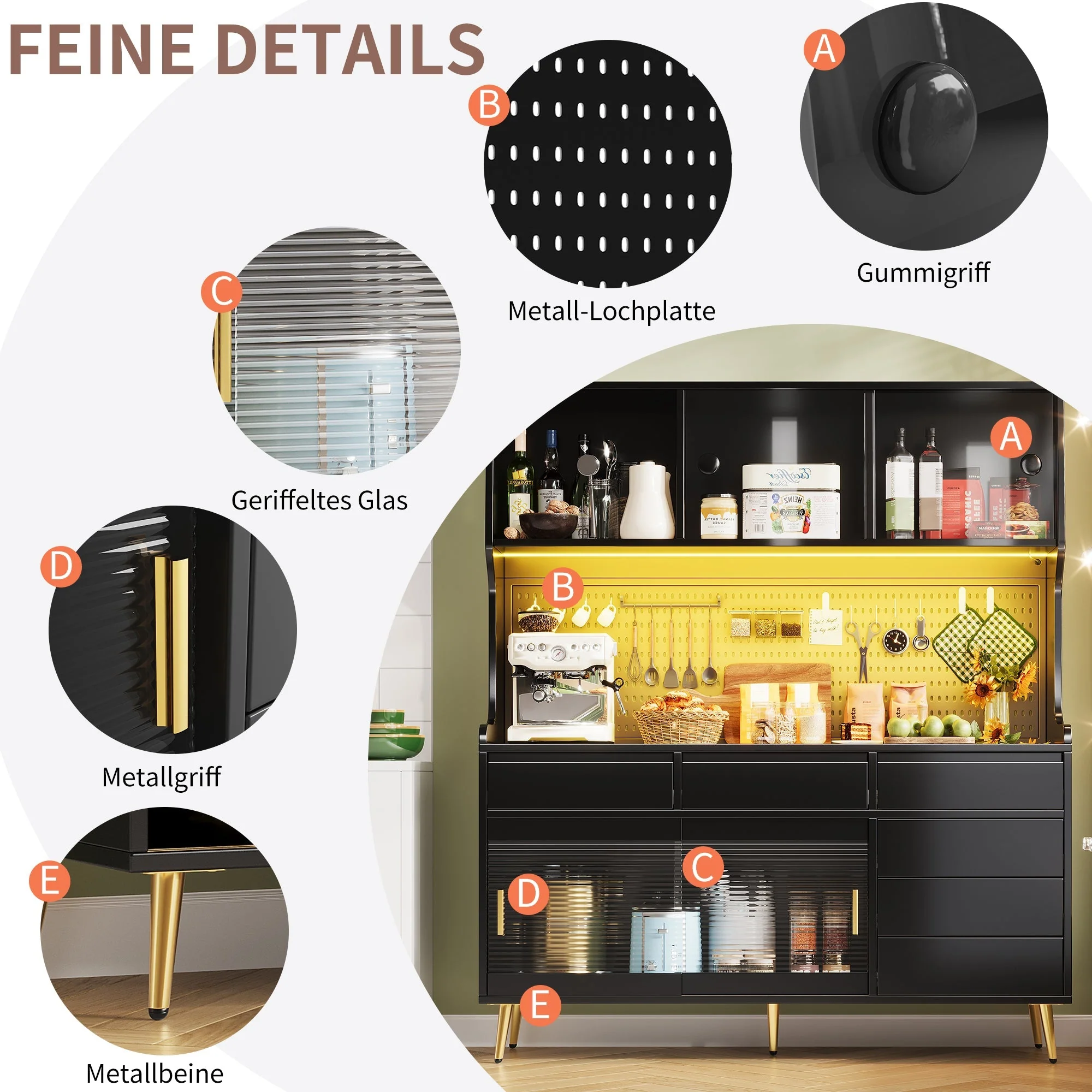 Modern Tall Cabinet with LED & App Control, Drawer, Pegboard Storage - Black - Image 10