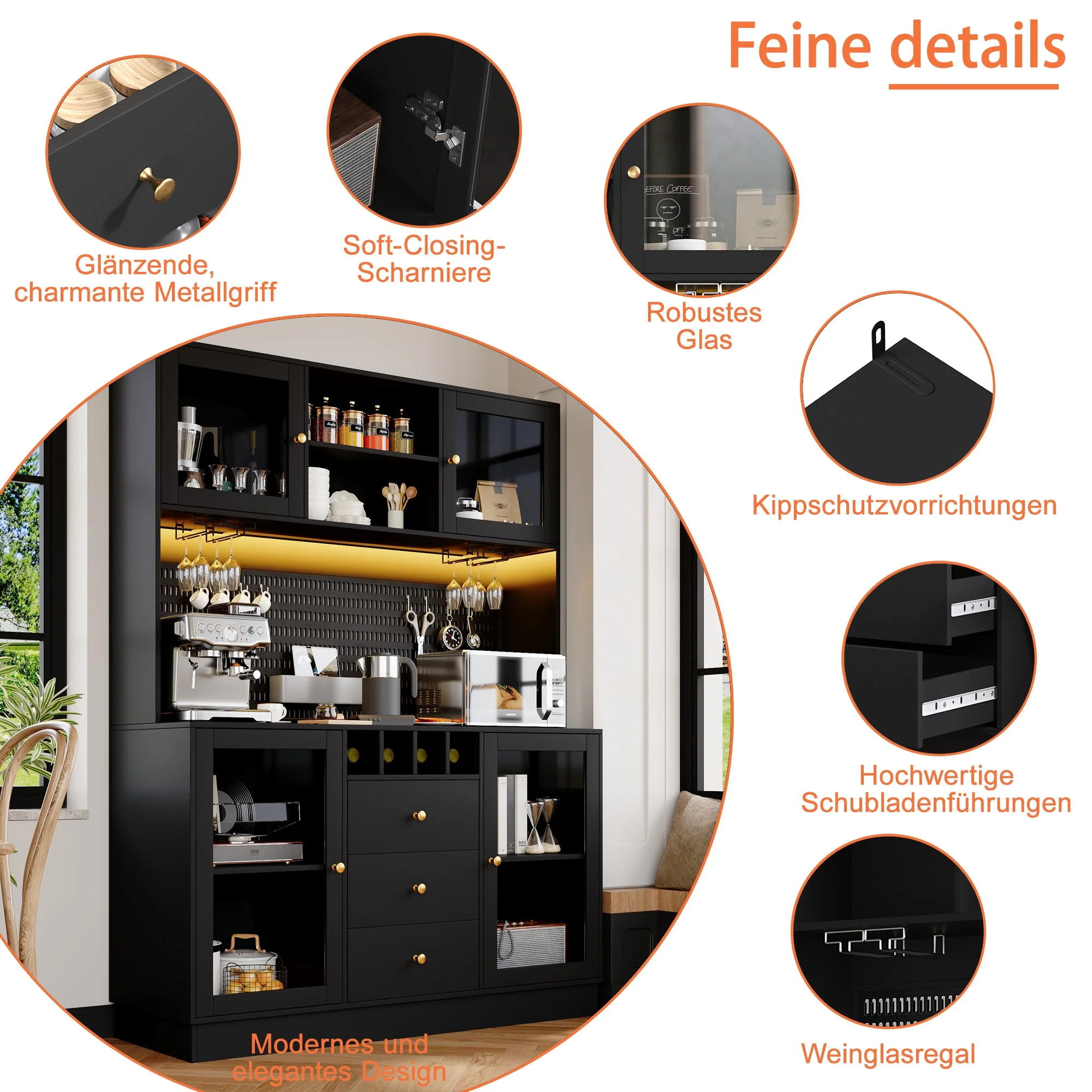 Modern Tall Cabinet with Smart LED Lighting, Wine Rack and Adjustable Shelves, Black - Image 10