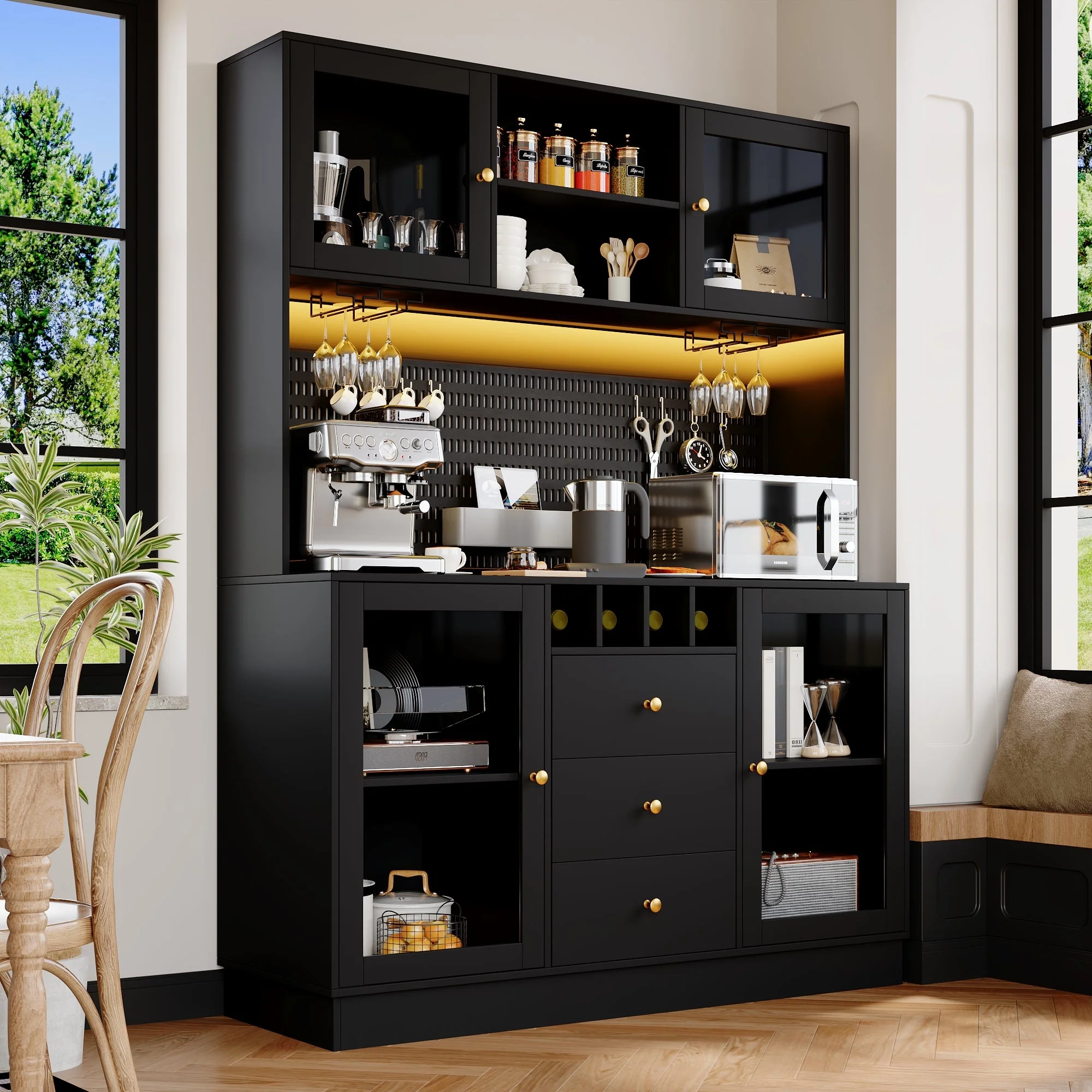 Modern Tall Cabinet with Smart LED Lighting, Wine Rack and Adjustable Shelves, Black - Image 2