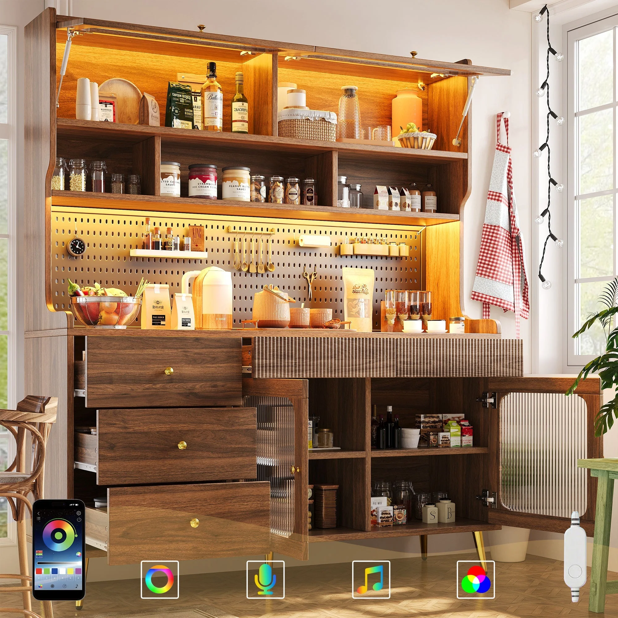 Modern Tall Sideboard 145x171cm with LED Lighting, App Control & Storage - Walnut - Image 2
