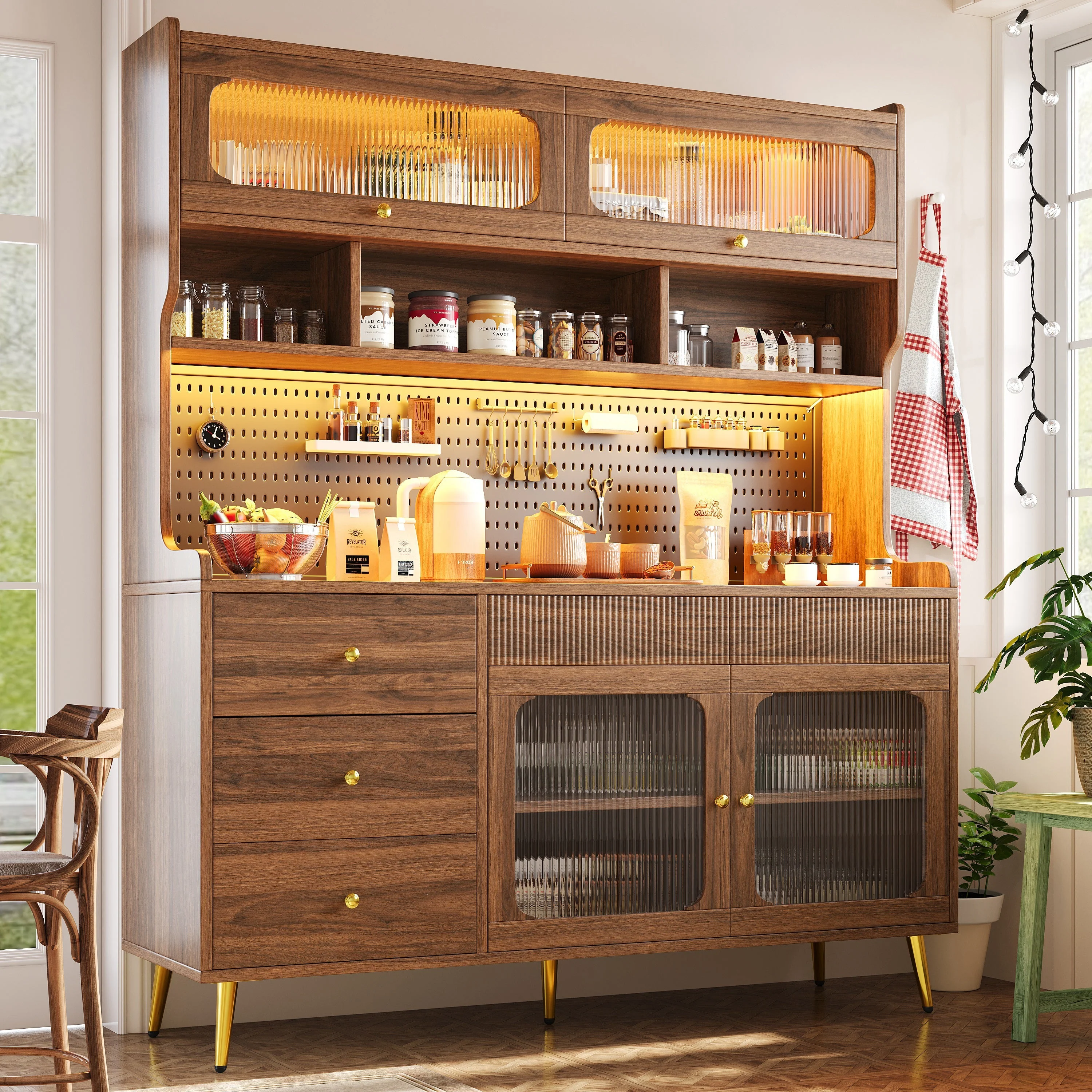 Modern Tall Sideboard 145x171cm with LED Lighting, App Control & Storage - Walnut - Image 3