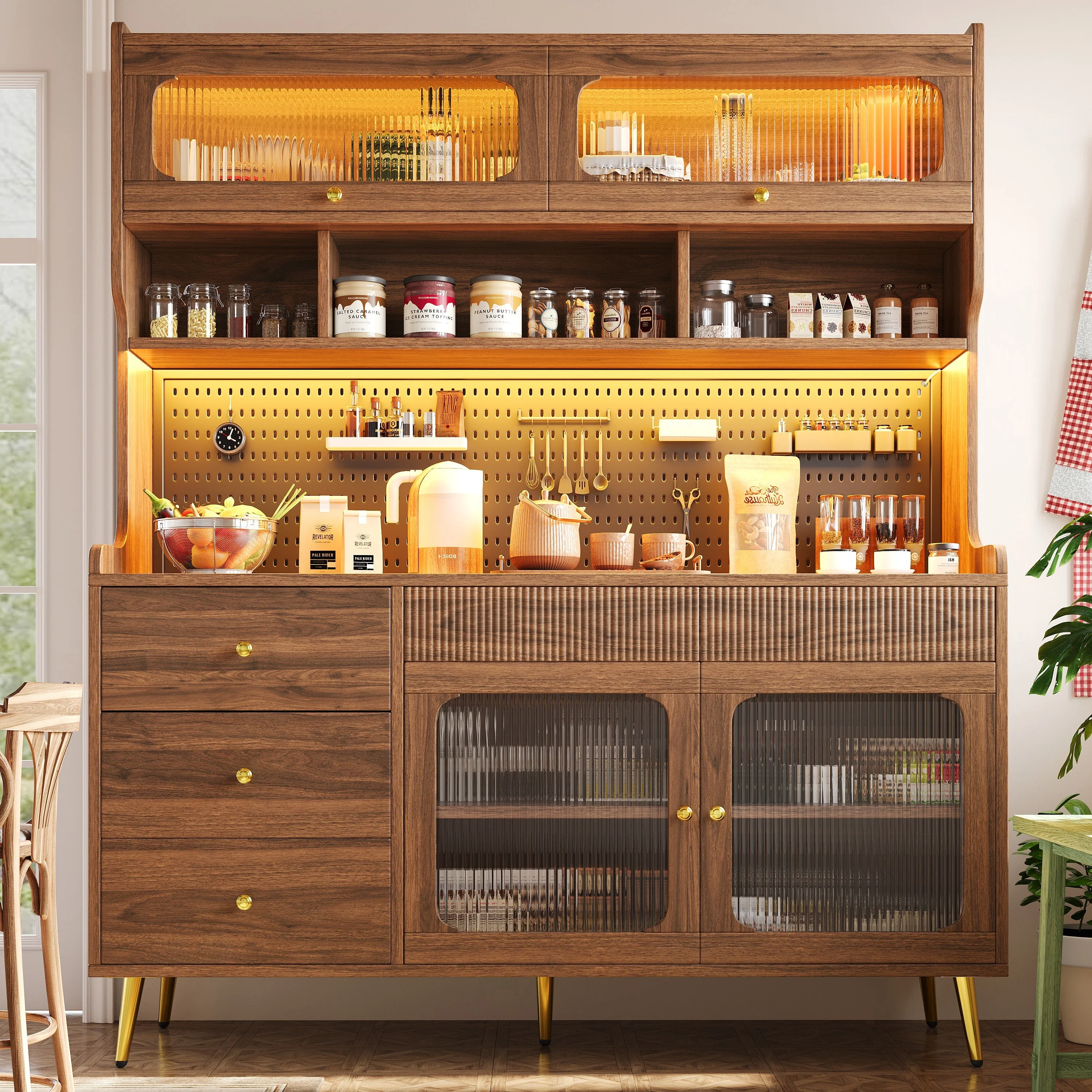 Modern Tall Sideboard 145x171cm with LED Lighting, App Control & Storage - Walnut - Image 4