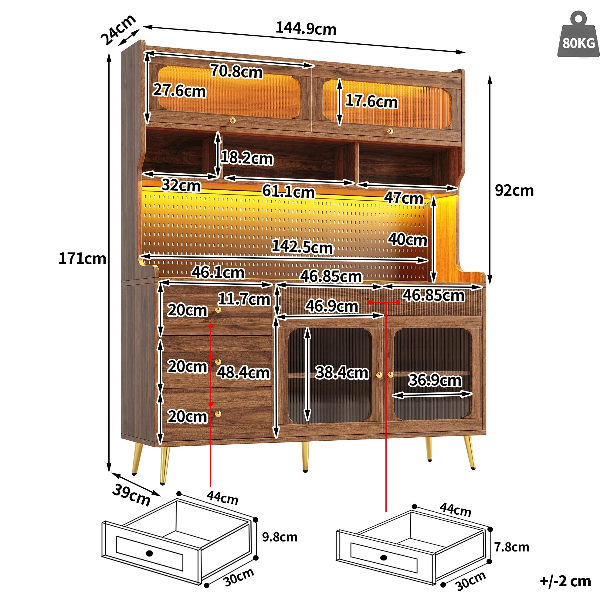 Modern Tall Sideboard 145x171cm with LED Lighting, App Control & Storage - Walnut - Image 7