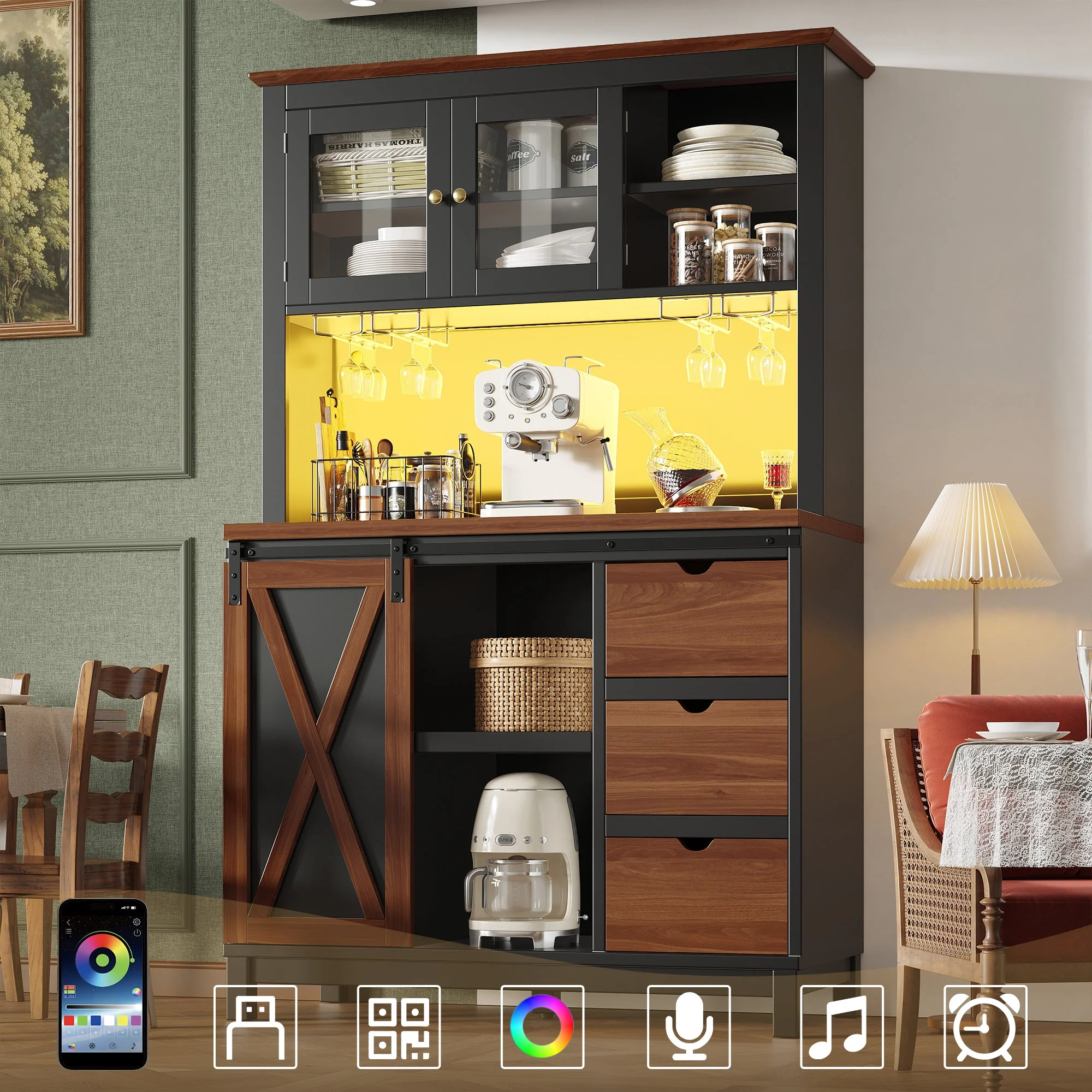 Modern Tall Sideboard Cabinet with LED App Control and Sliding Door, Black - Image 2
