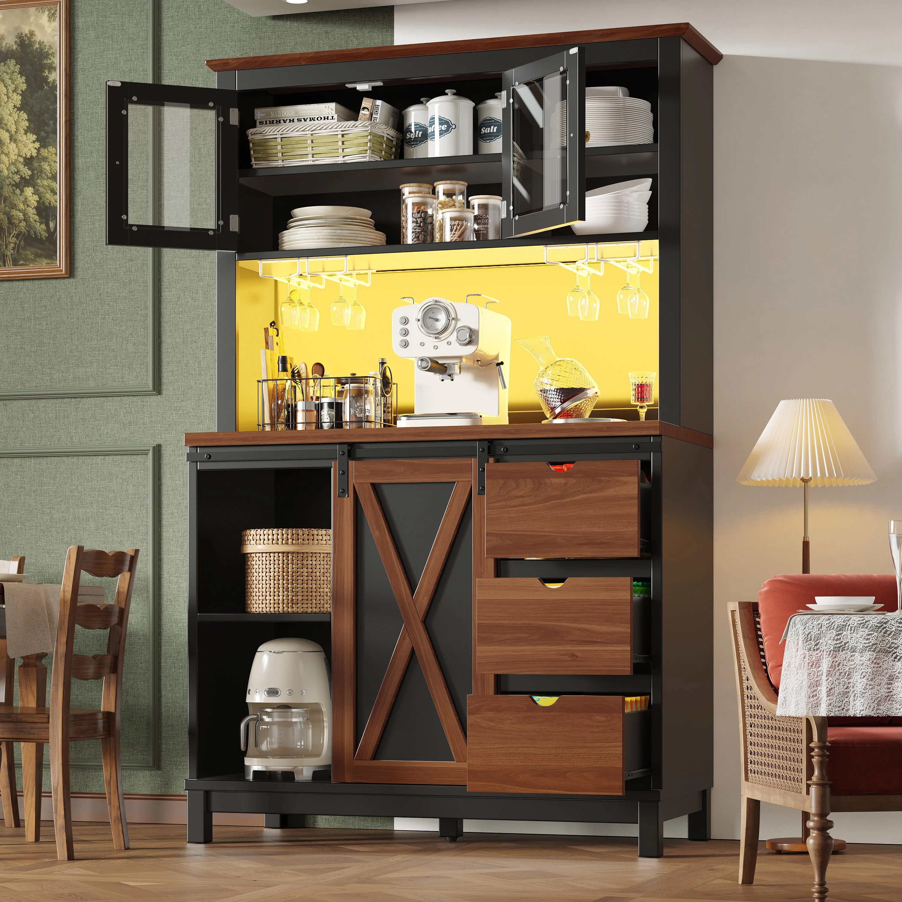 Modern Tall Sideboard Cabinet with LED App Control and Sliding Door, Black - Image 4