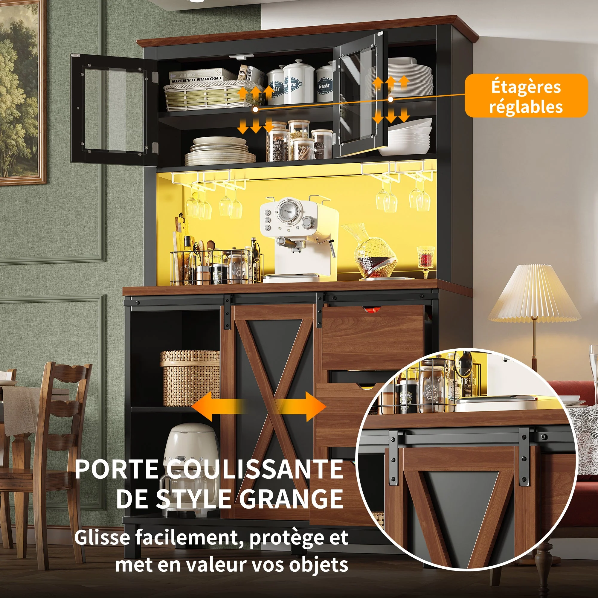 Modern Tall Sideboard Cabinet with LED App Control and Sliding Door, Black - Image 9