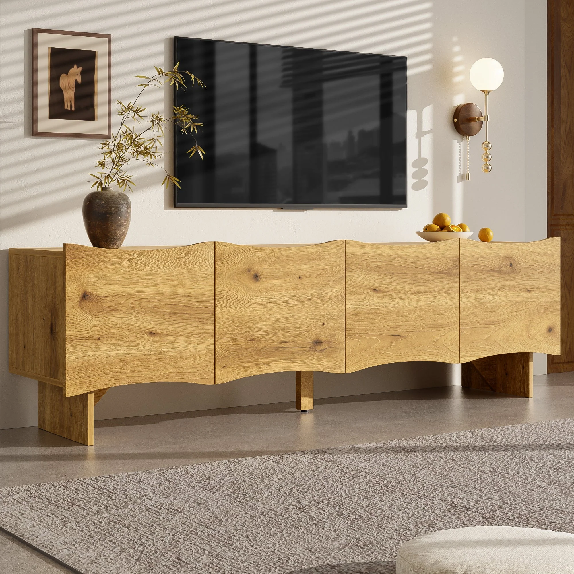 Modern TV Cabinet, 155cm Media Console with 4 Doors & Storage, Wood Look - Image 3