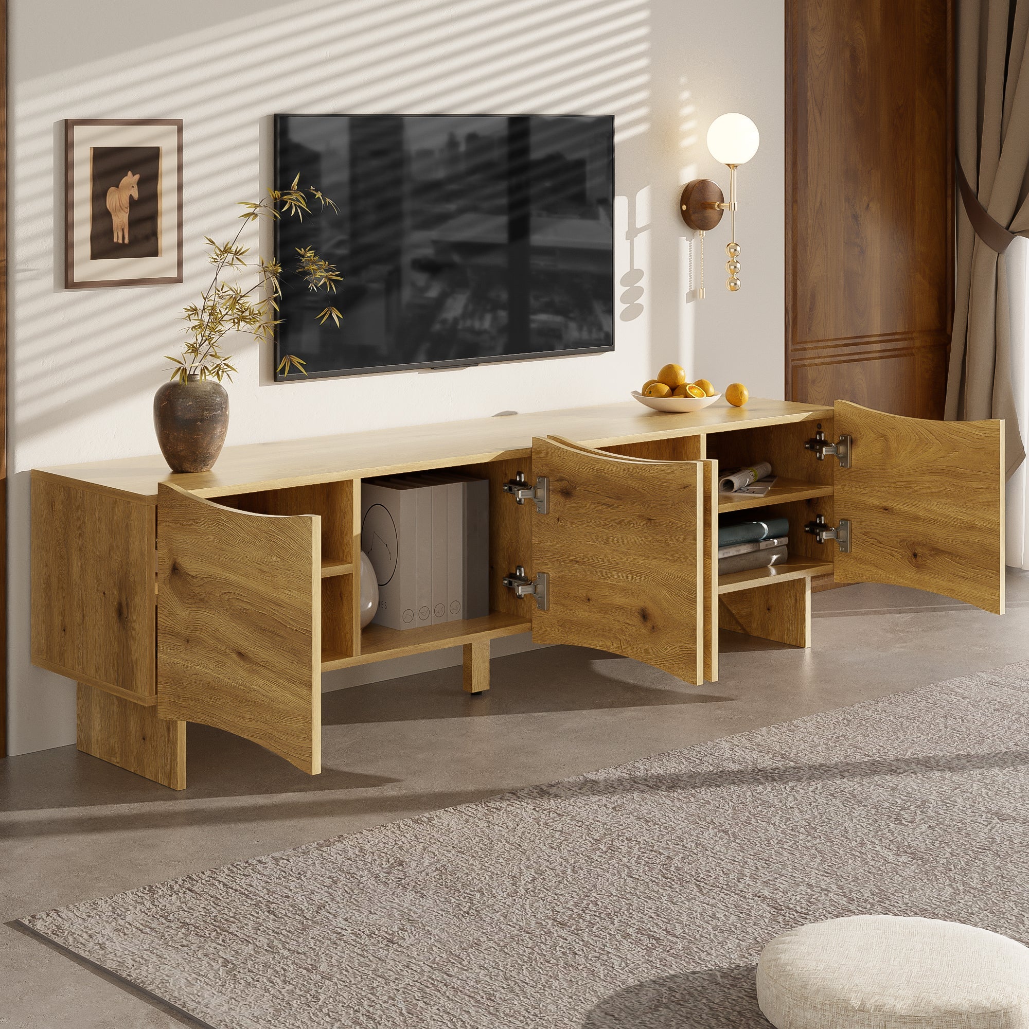 Modern TV Cabinet, 155cm Media Console with 4 Doors & Storage, Wood Look - Image 4