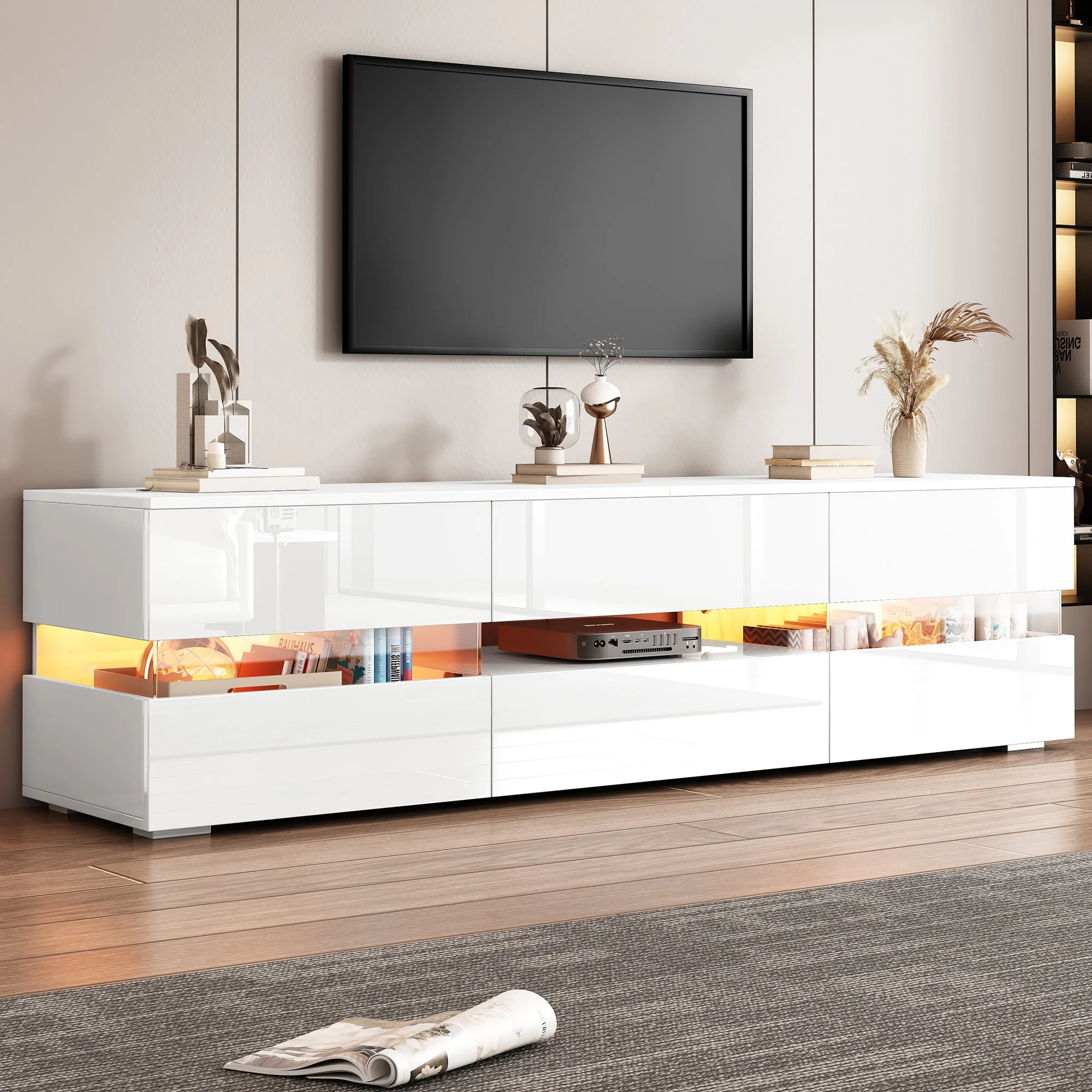 Modern TV Cabinet 160cm LED Storage for 70-inch TVs High-Gloss White - Image 3