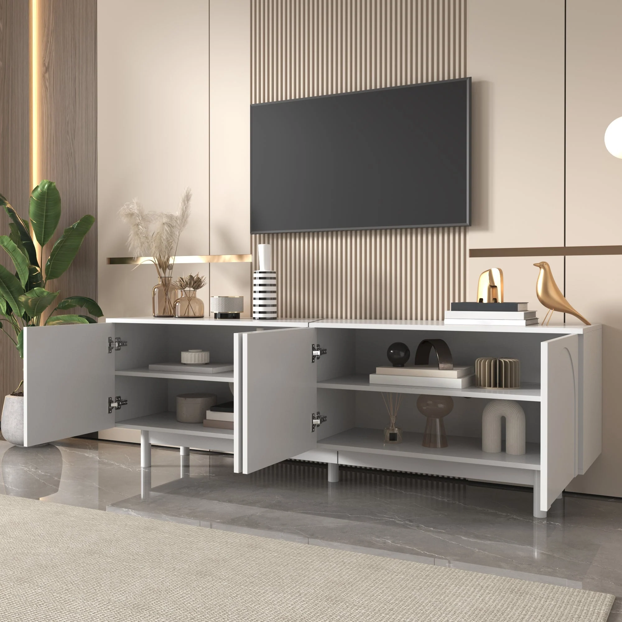 Modern TV Cabinet 175 x 56 cm with Adjustable Shelves, White - Image 5