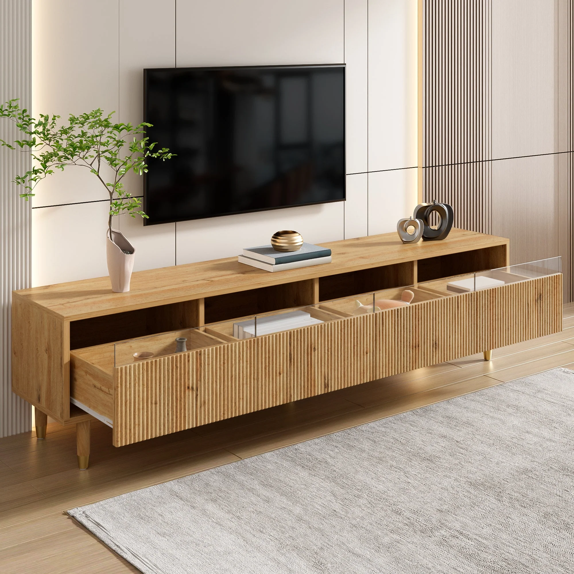 Modern TV Cabinet 178cm Minimalist Large Storage 4 Drawers, Wood Look MDF & Acrylic - Image 2