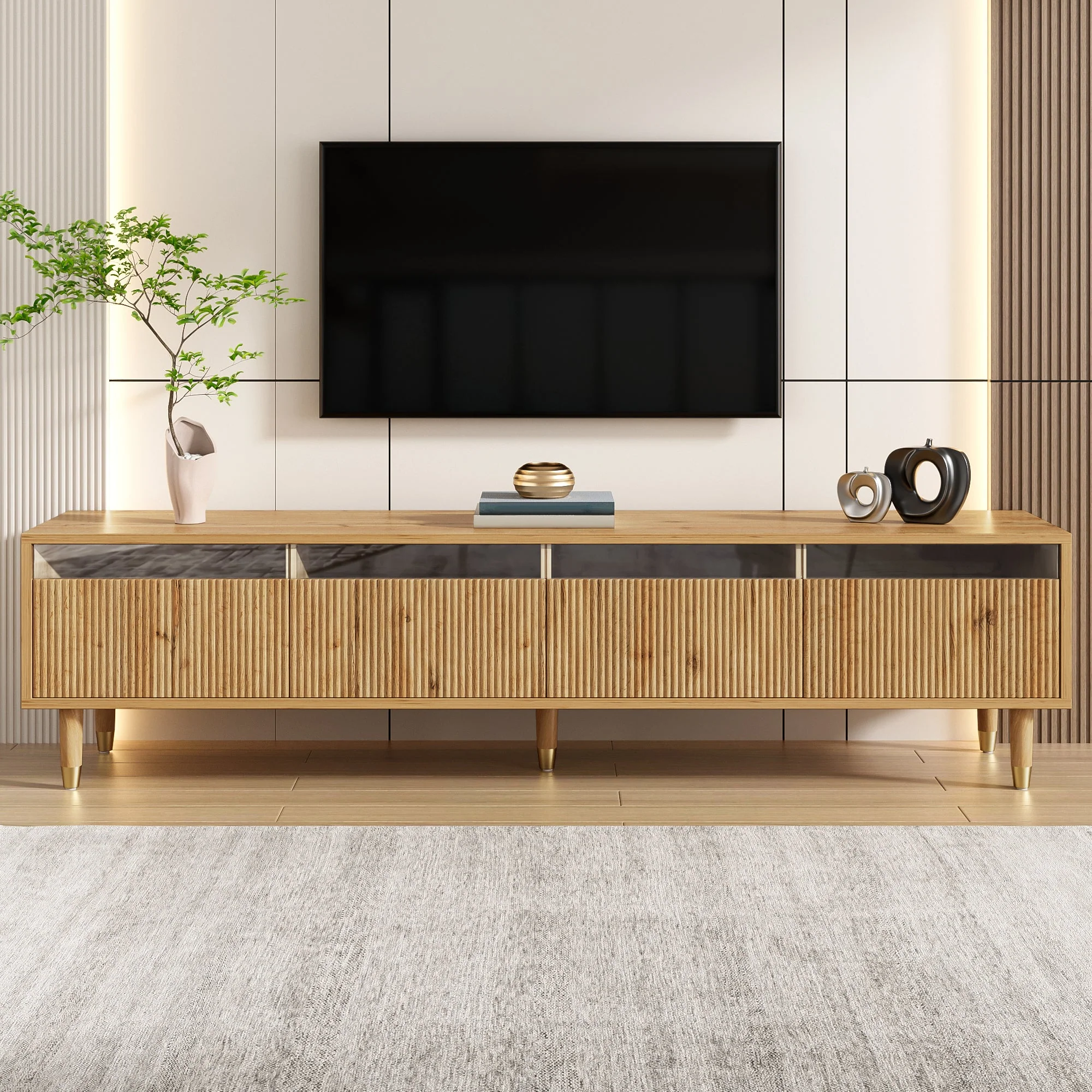 Modern TV Cabinet 178cm Minimalist Large Storage 4 Drawers, Wood Look MDF & Acrylic - Image 3