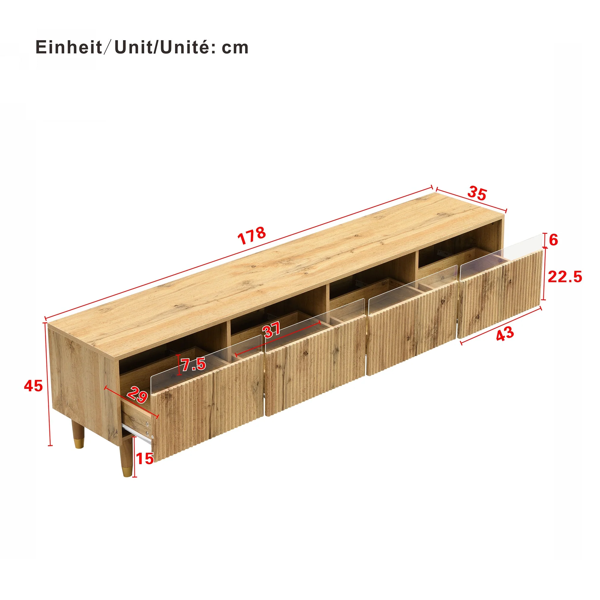 Modern TV Cabinet 178cm Minimalist Large Storage 4 Drawers, Wood Look MDF & Acrylic - Image 4