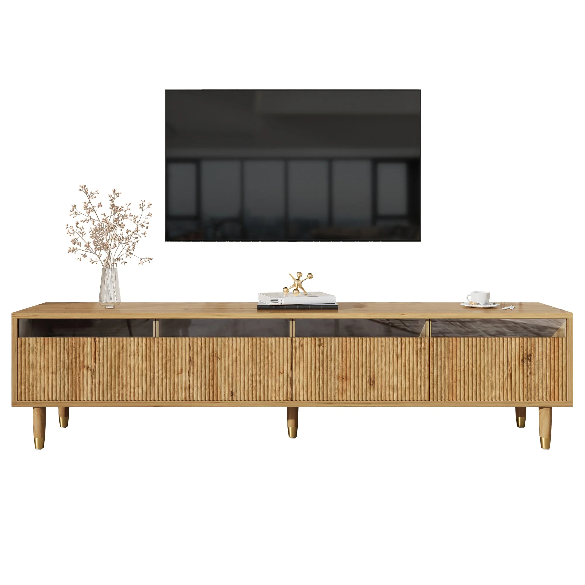 Modern TV Cabinet 178cm Minimalist Large Storage 4 Drawers, Wood Look MDF & Acrylic - Image 5