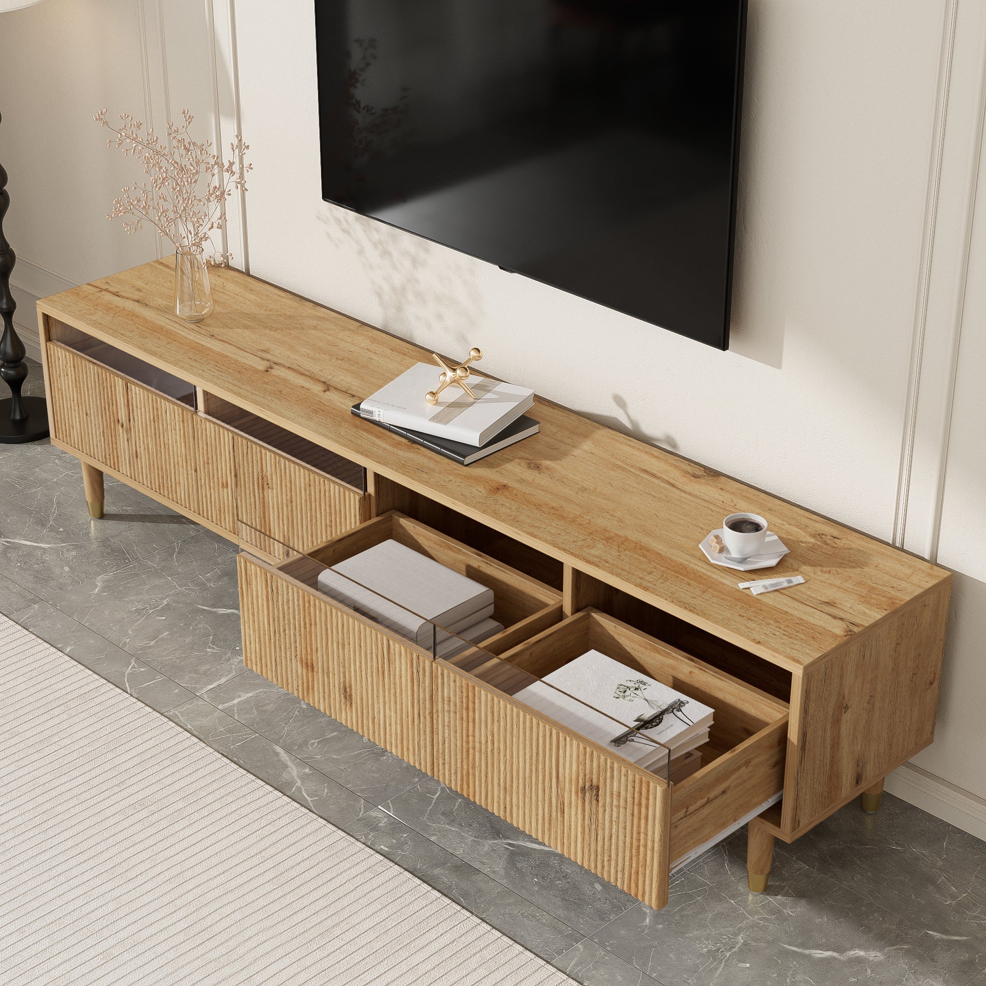Modern TV Cabinet 178cm Minimalist Large Storage 4 Drawers, Wood Look MDF & Acrylic - Image 7