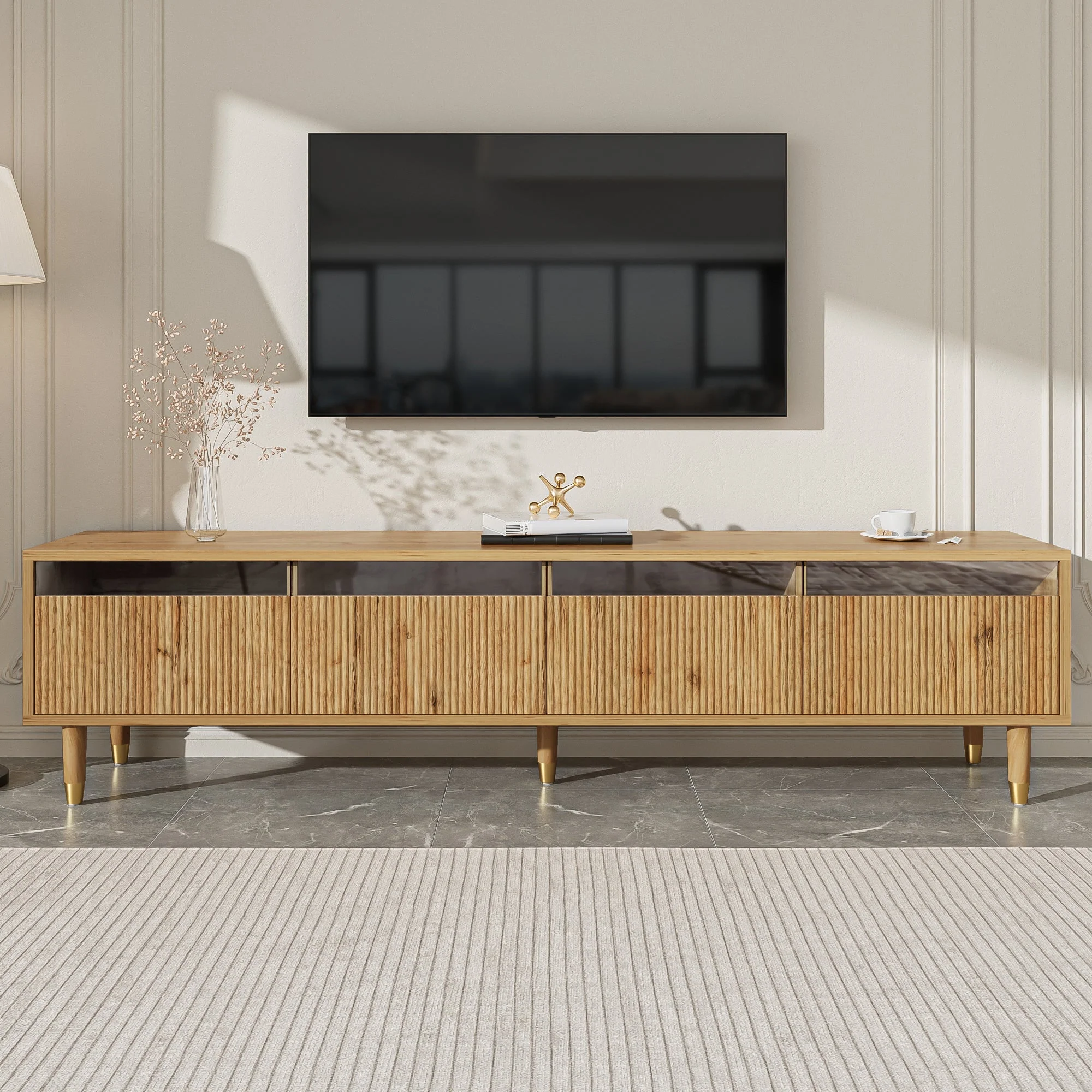Modern TV Cabinet 178cm Minimalist Large Storage 4 Drawers, Wood Look MDF & Acrylic - Image 8