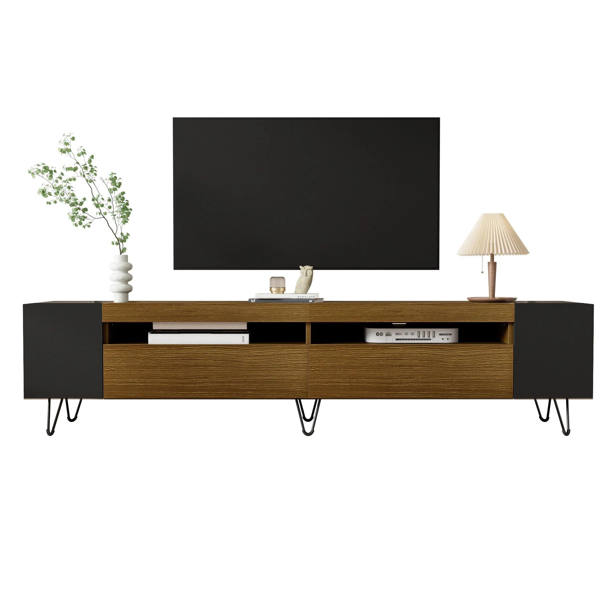 Modern TV Cabinet 180cm, Black and Wood Look - Image 2