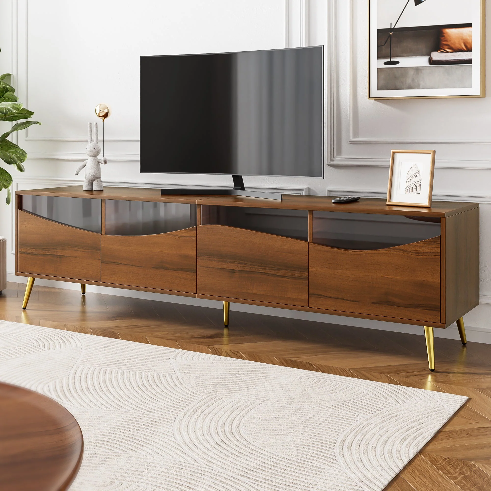 Modern TV Cabinet 180cm LED Lighting Storage, Wood Color/Gold Metal - Image 2