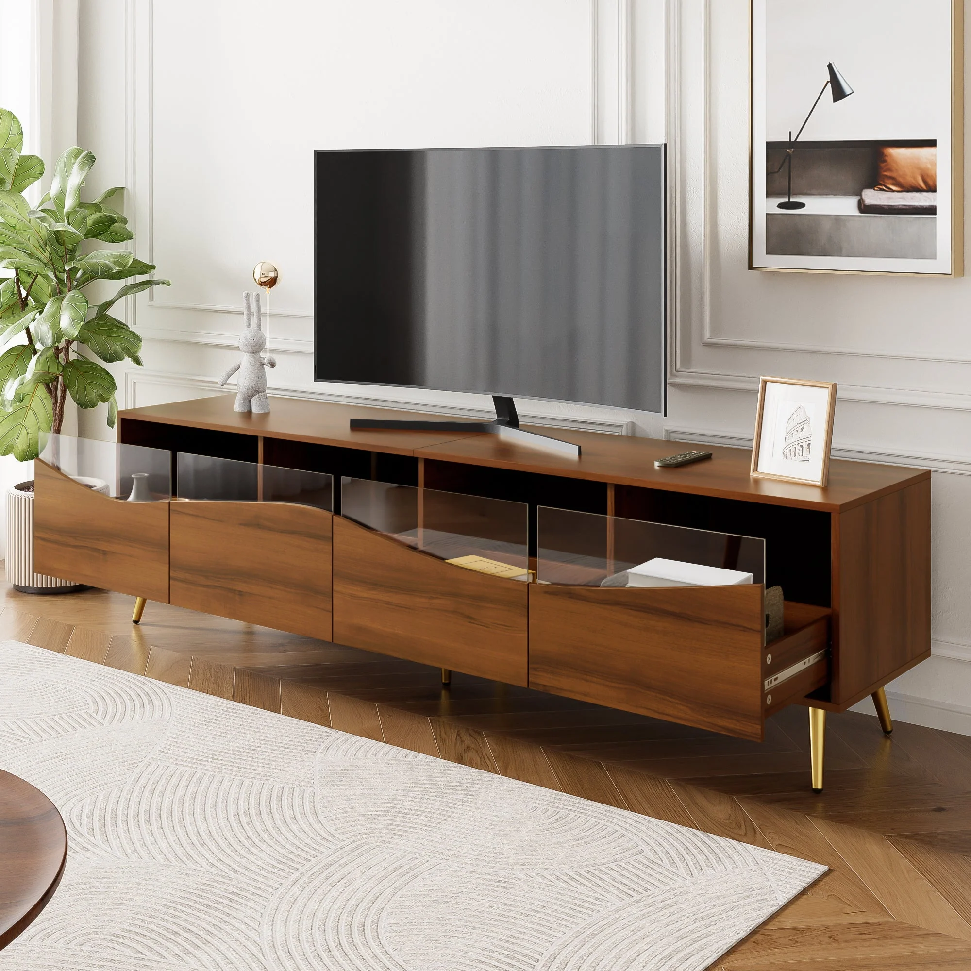 Modern TV Cabinet 180cm LED Lighting Storage, Wood Color/Gold Metal - Image 3