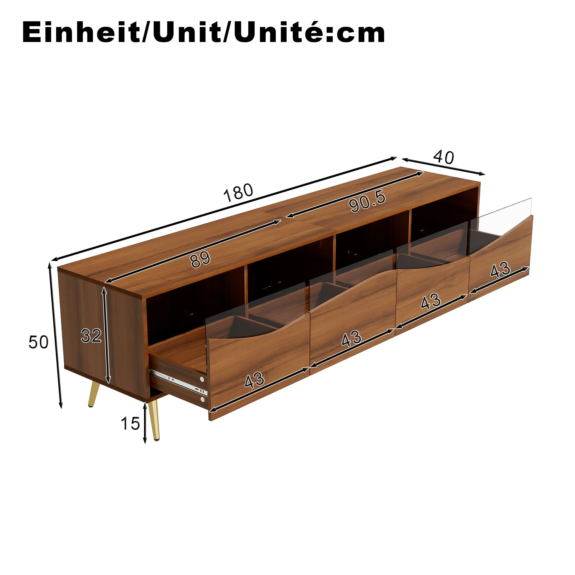 Modern TV Cabinet 180cm LED Lighting Storage, Wood Color/Gold Metal - Image 4