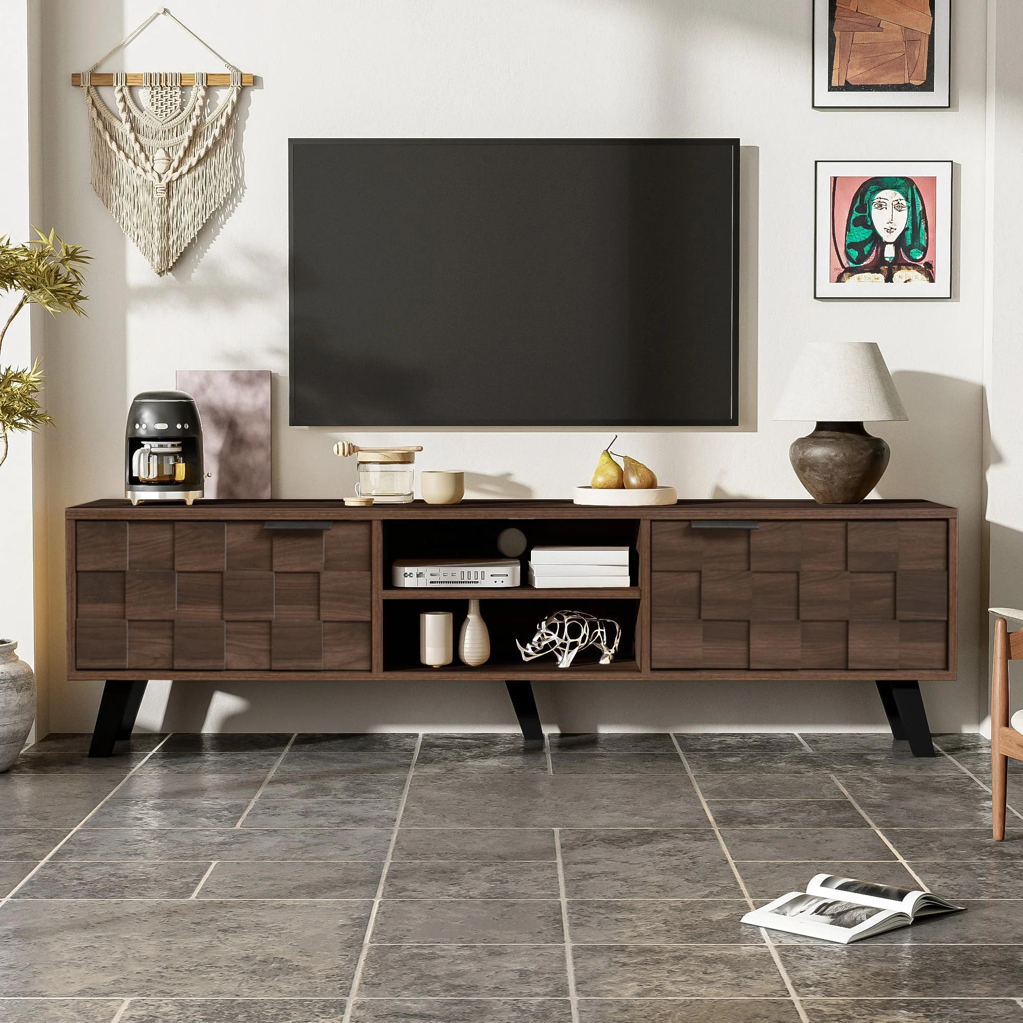 Modern TV Cabinet 2 Doors 2 Open Compartments 160.5cm - Dark Wood Grain