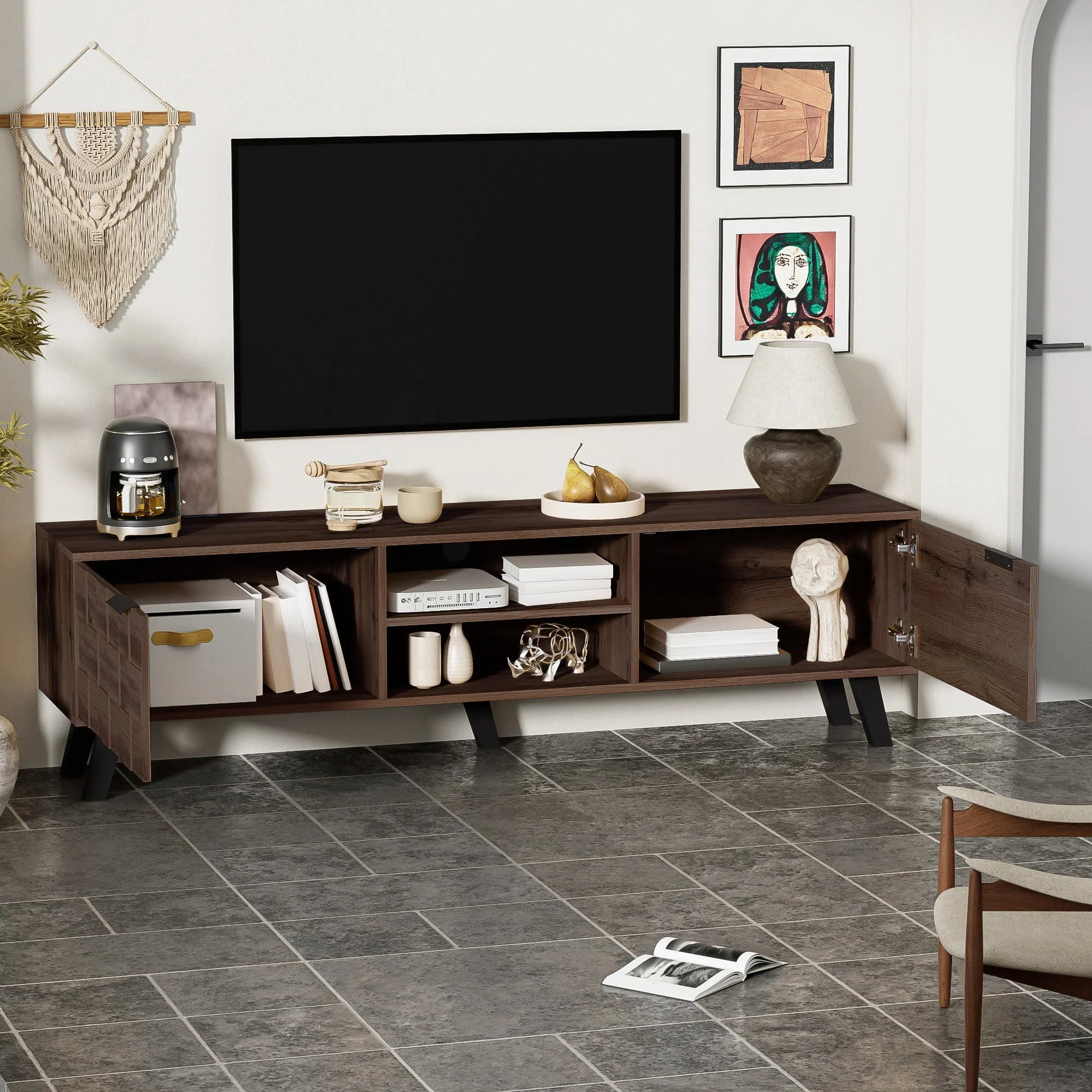 Modern TV Cabinet 2 Doors 2 Open Compartments 160.5cm - Dark Wood Grain - Image 4