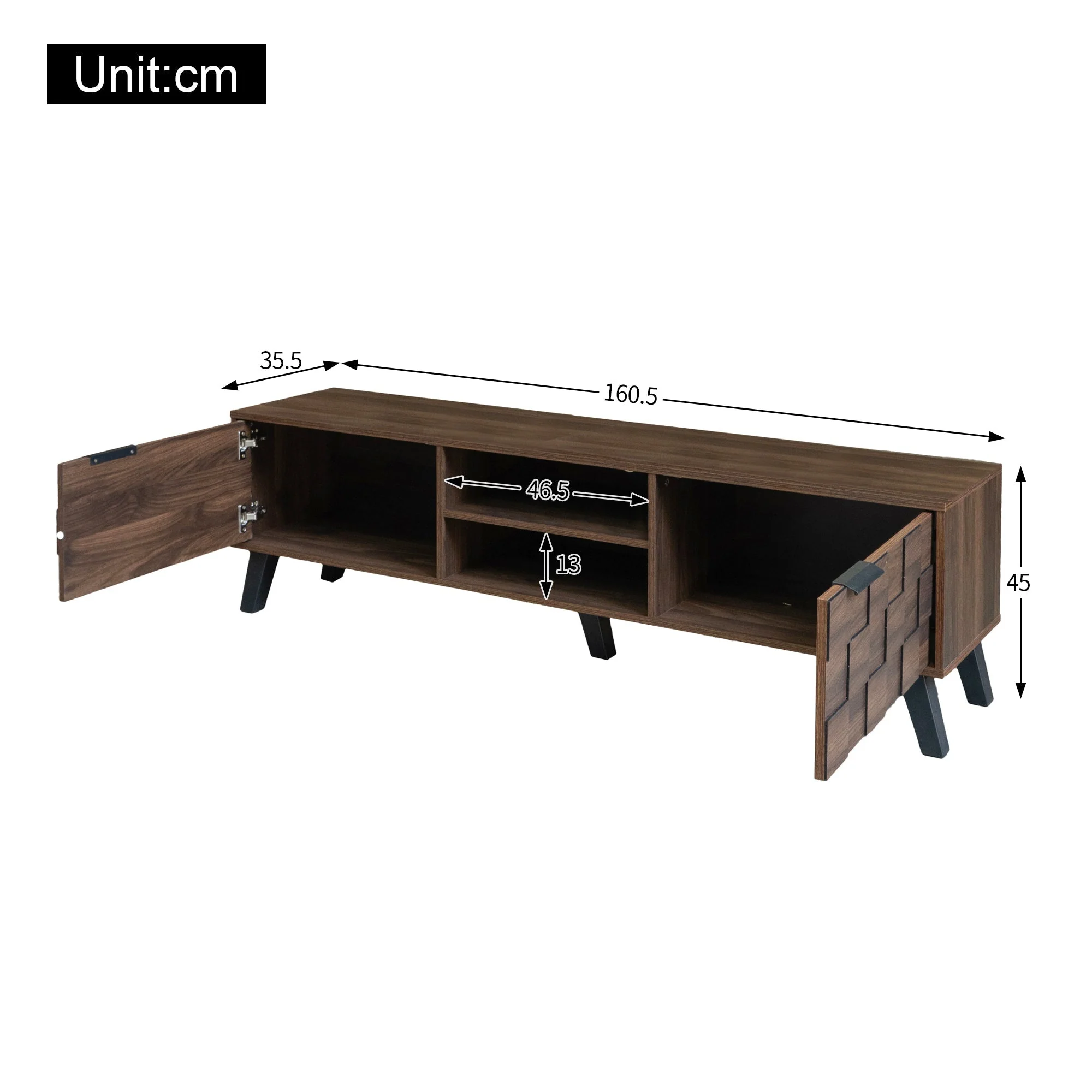 Modern TV Cabinet 2 Doors 2 Open Compartments 160.5cm - Dark Wood Grain - Image 5